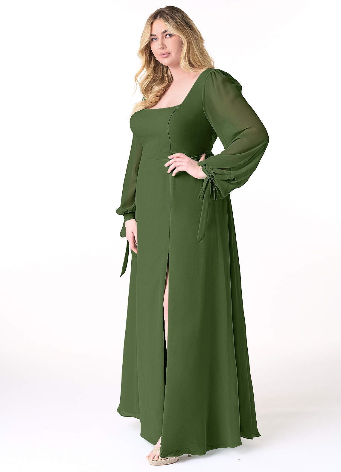 Azazie Leonia Bridesmaid Dresses Olive A-Line Long Sleeve Chiffon Dress image9