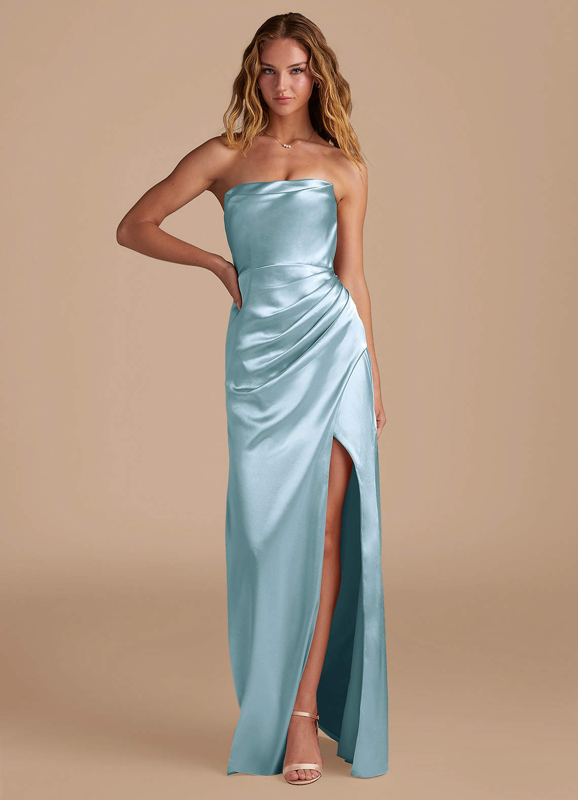 Azazie Leonis Bridesmaid Dresses Sky Blue Mermaid Pleated Metallic Satin Convertible Dress image1