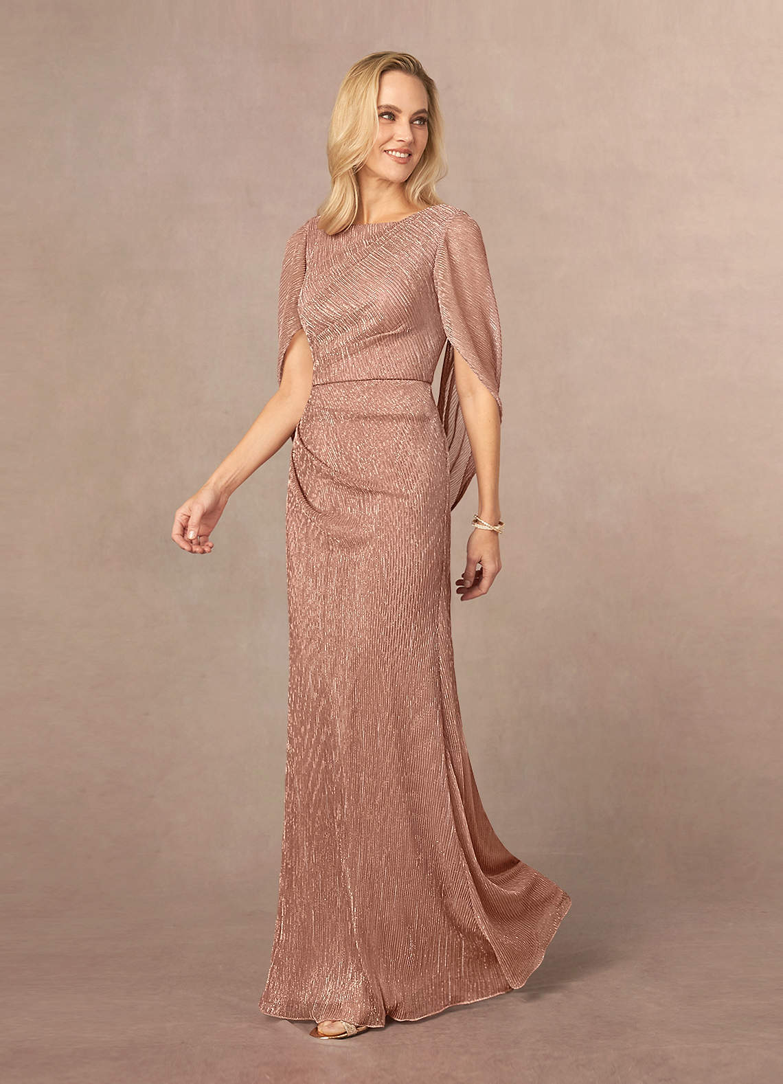 Azazie Paige Mother of the Bride Dresses Rose Gold Sheath Pleated Cape Metallic Mesh Dress image1