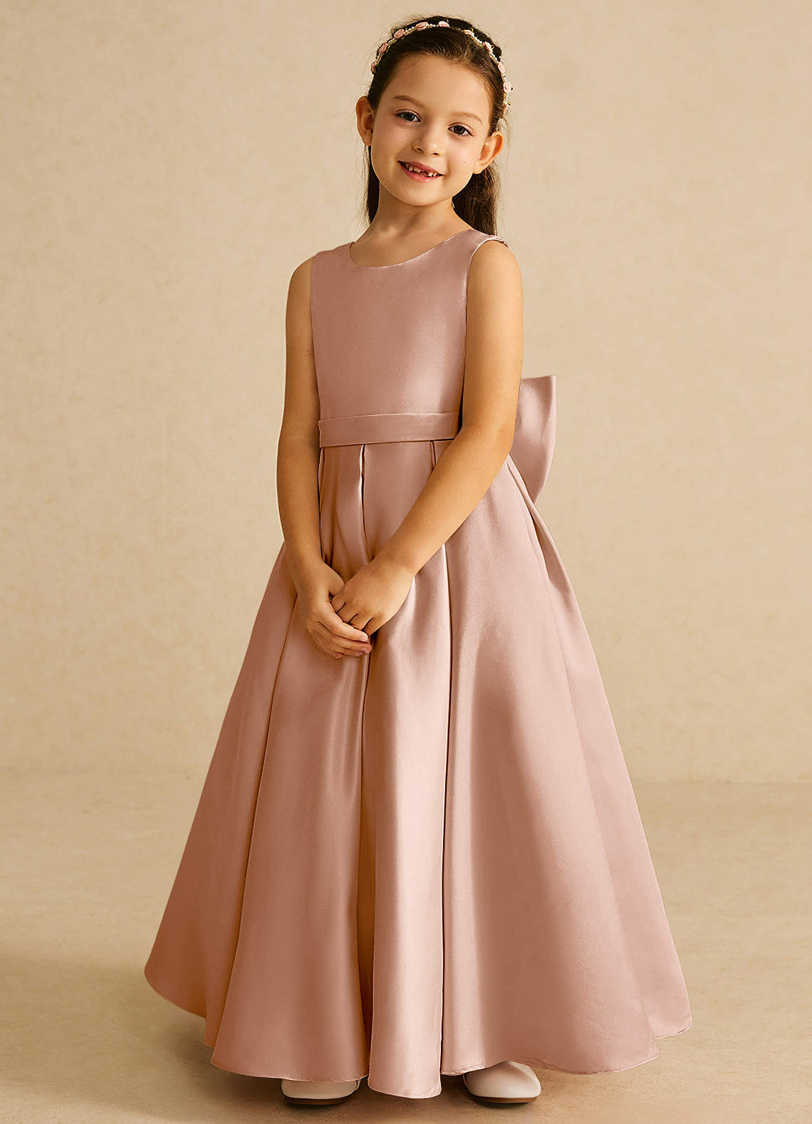 Azazie Pipsy Flower Girl Dresses Champagne Rose A-Line Bow Matte Satin Dress image3