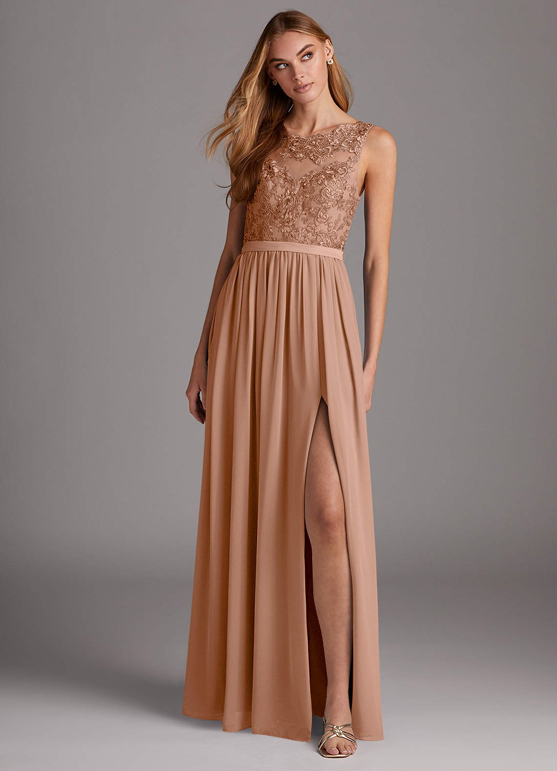 Azazie Elly Champagne Rose Chiffon Bridesmaid Dresses | Azazie