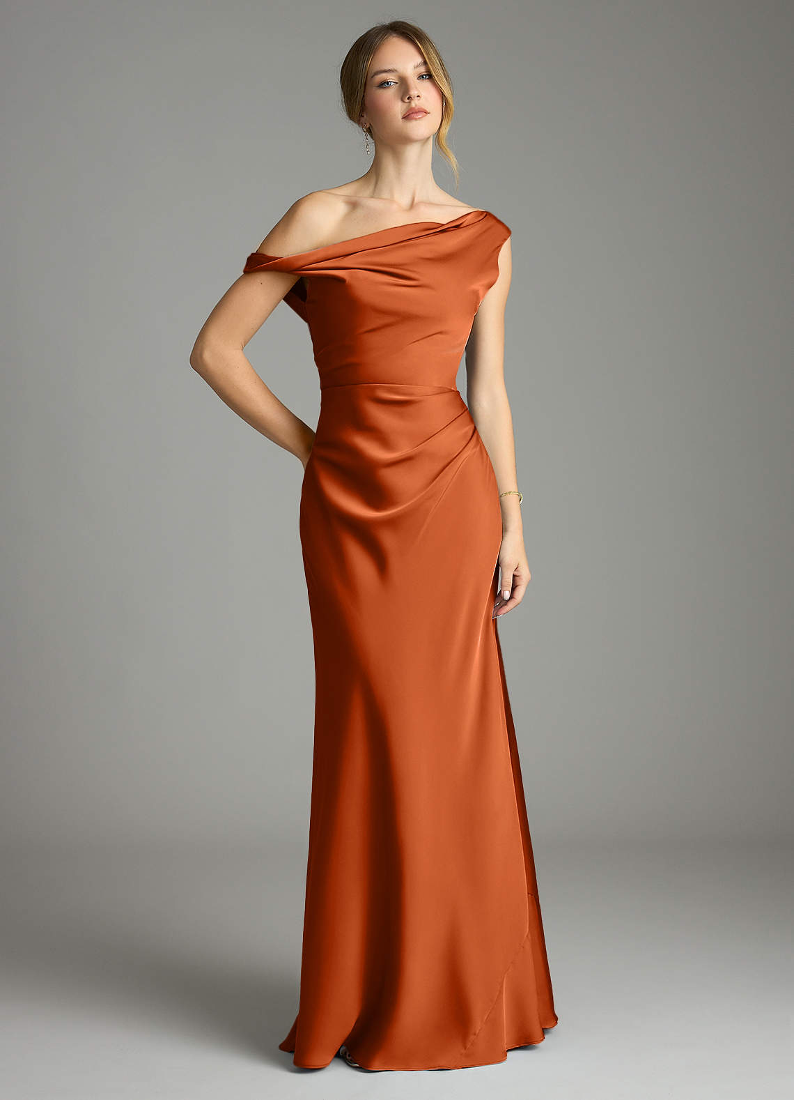 Azazie Emerson Bridesmaid Dresses Burnt Orange Mermaid Off the Shoulder Stretch Satin Dress image1