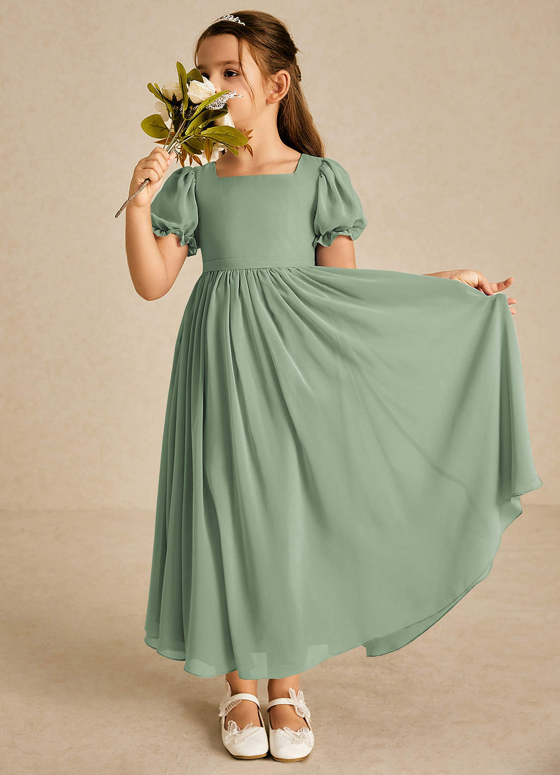 Azazie Joss Flower Girl Dresses Matcha A-Line with Sleeves Chiffon Dress image1