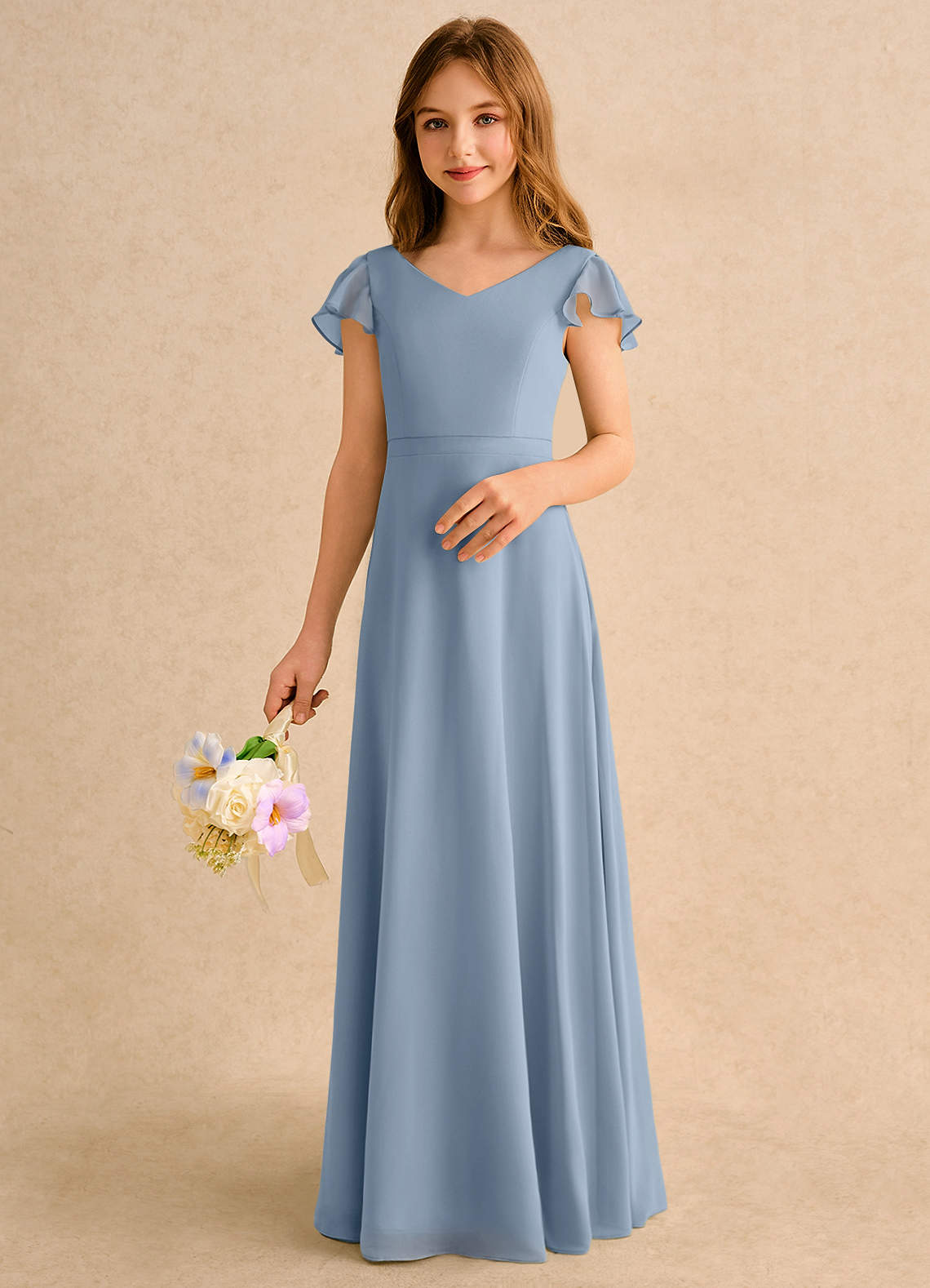 Azazie Nari Girls Formal Kukkatyttöjen mekot A-linja hihallinen Sifonki Lattian pituus Mekko image3