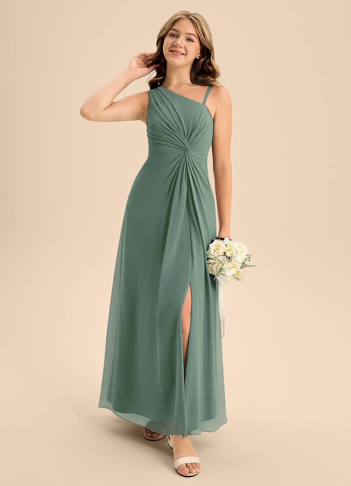 Azazie Brooke Junior Eucalyptus A-Line Side Slit Chiffon Dress image2