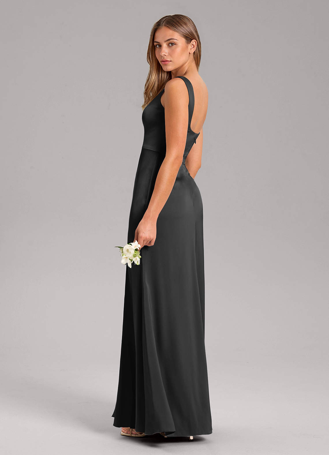 Azazie Frostine Bridesmaid Dresses Black A-Line Bow Stretch Satin Dress image6