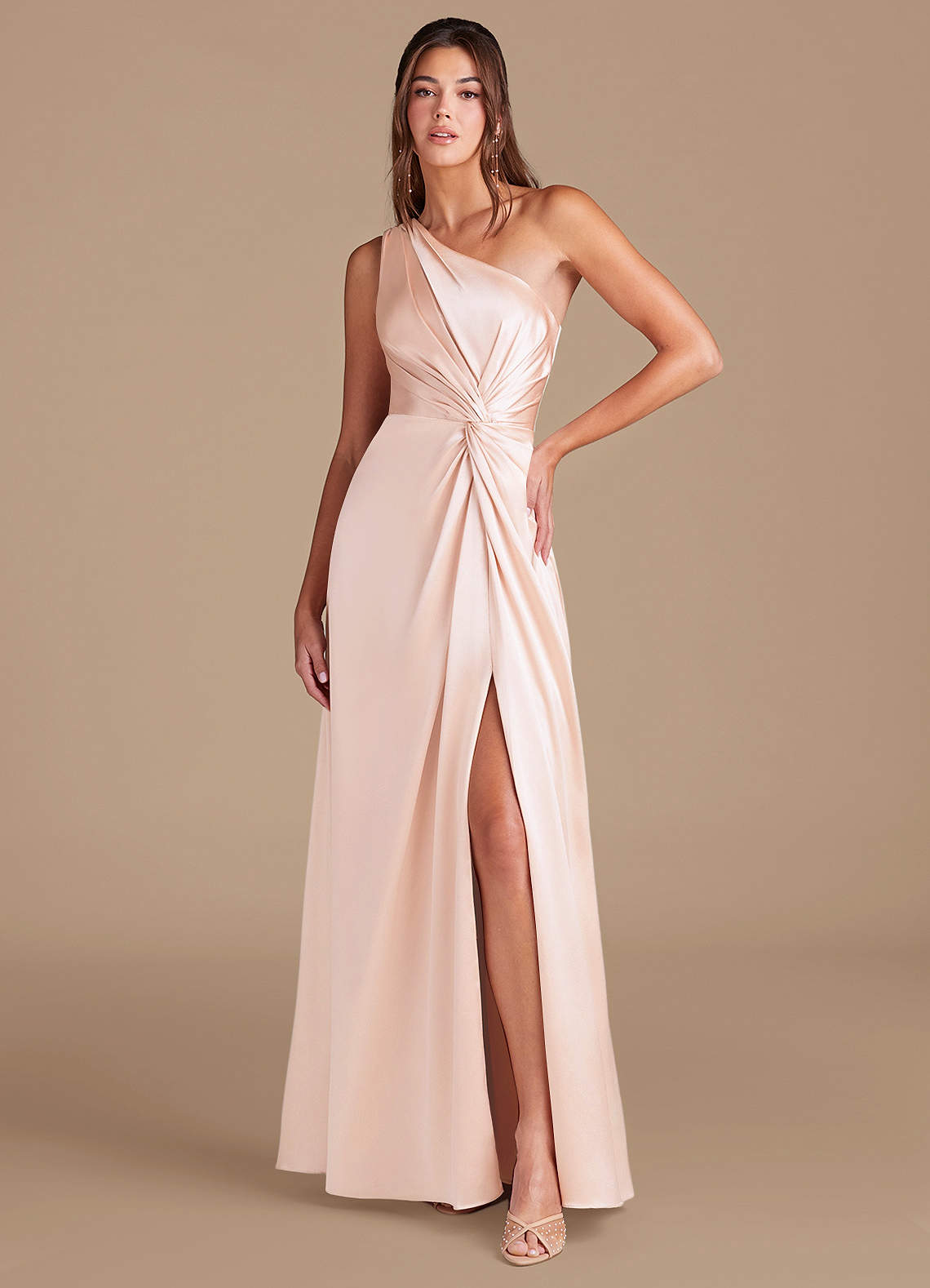 Azazie Brooke Bridesmaid Dresses Rose Gold A-Line One Shoulder Metallic Satin Dress image1