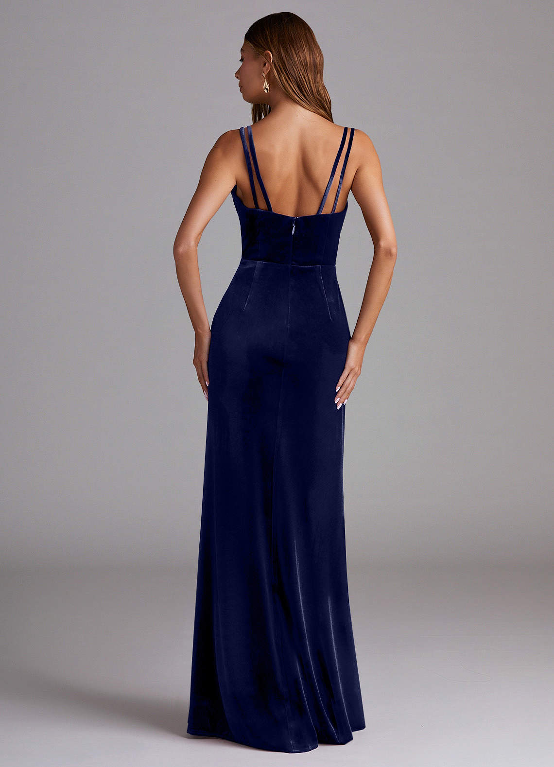 green emerald velvet dress Navy Blue Tiered Cathedral Train Prom Dresses Strapless Velvet Mermaid Dress 24109 Custom Colors / US10 main image 1