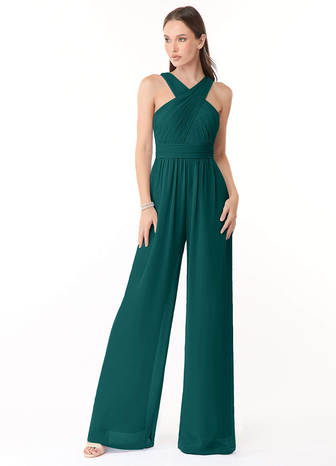 Azazie Berdie Bridesmaid Dresses Peacock Halter Chiffon Jumpsuit image1