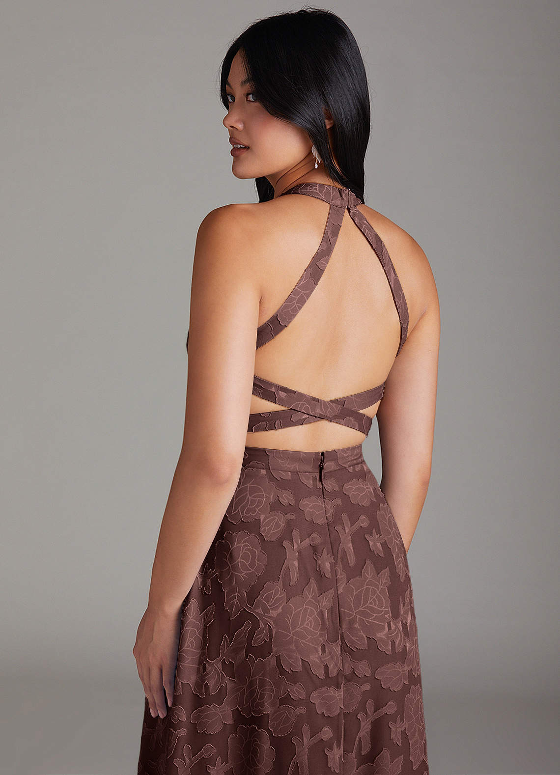 Azazie Clarice At-home Try On Dresses Butterscotch A-Line Side Slit Floral Burnout Dress image5