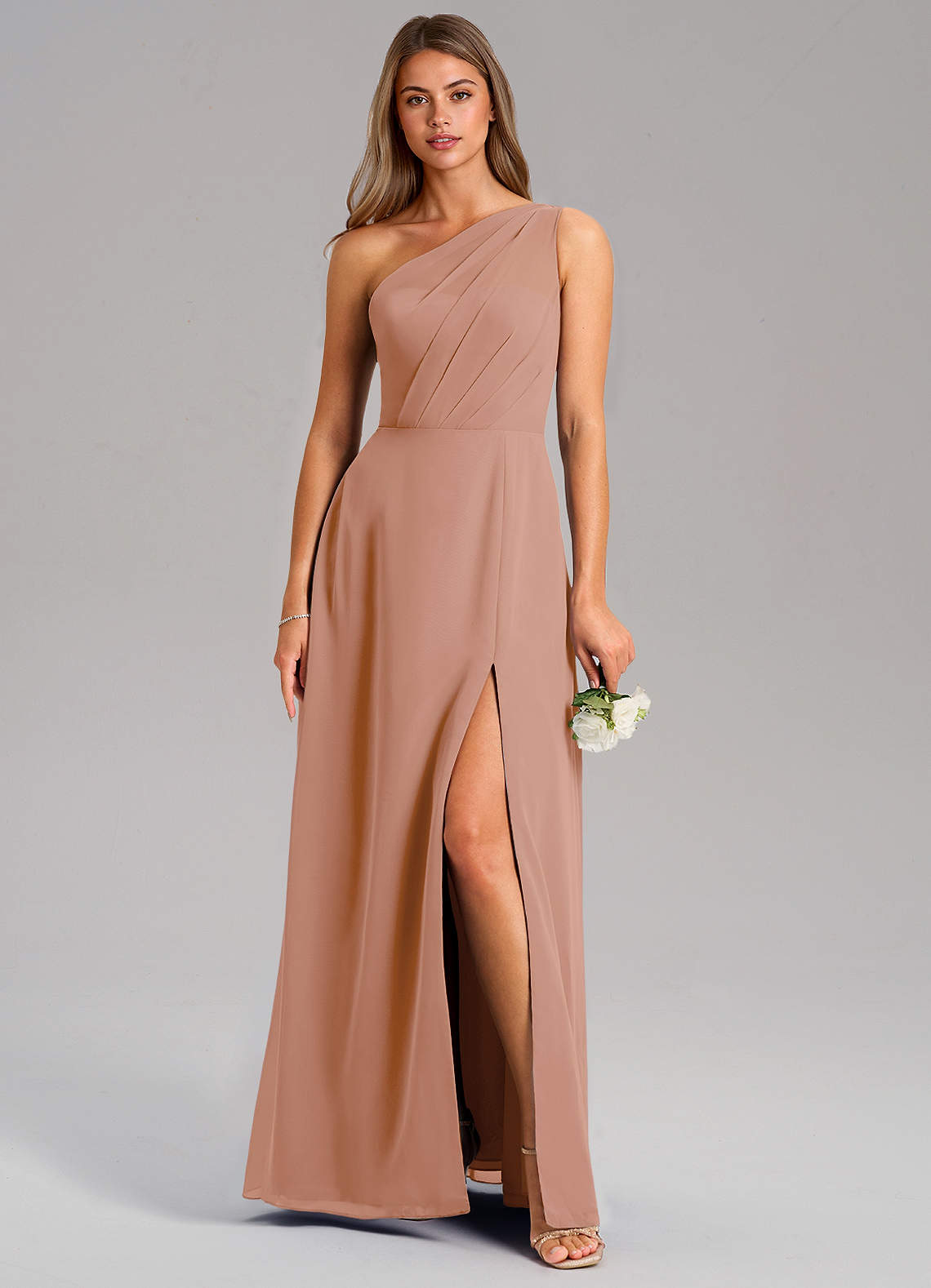 Azazie Phaedra Jurken voor bruidsmeisjes Jurk van Chiffon met A-Lijn One-Shoulder Champagne Roos image1