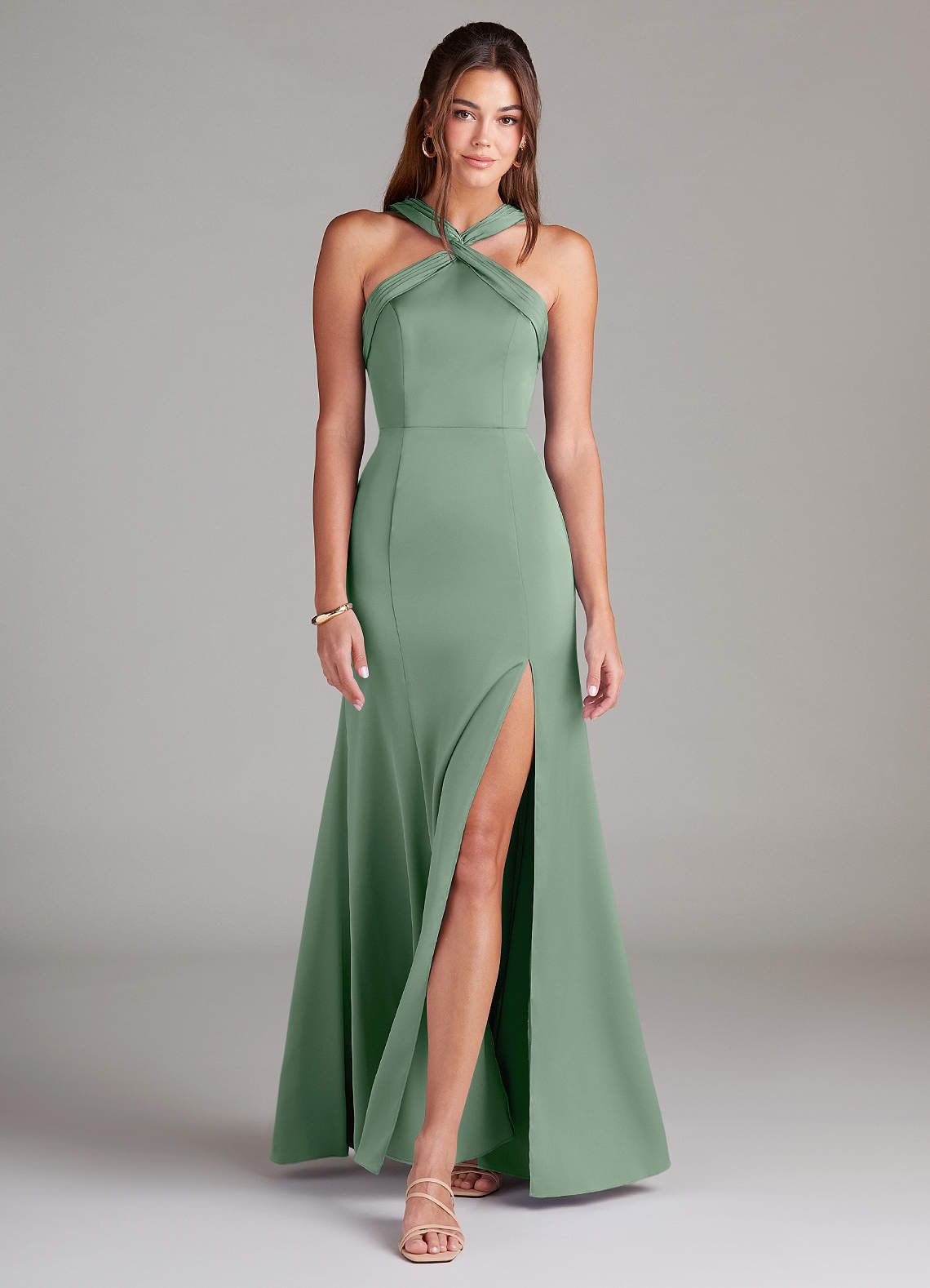 Azazie Rue Bridesmaid Dresses Matcha A-Line Pleated Stretch Satin Dress image2