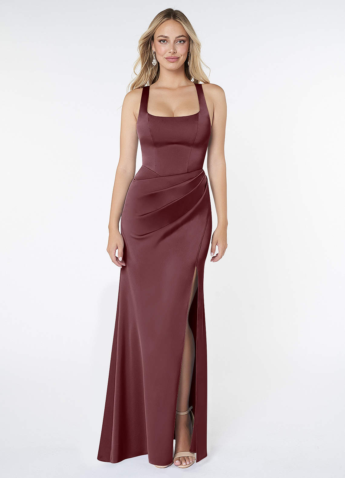 Azazie Mero Vestidos de damas de honor Vestido de Sangrado de Satén Elástico de Corte Recto con Plisado image1