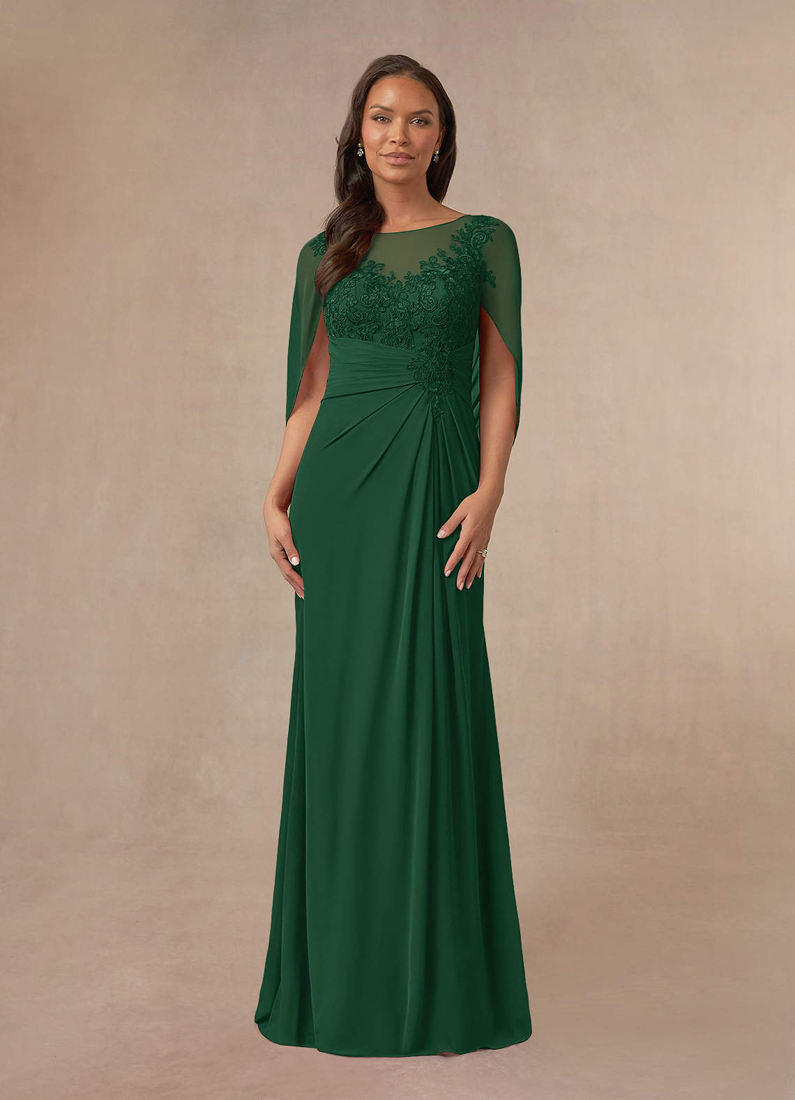 Azazie Hera Mother of the Bride Dresses Dark Green A-Line Lace Capelet Chiffon Dress image1