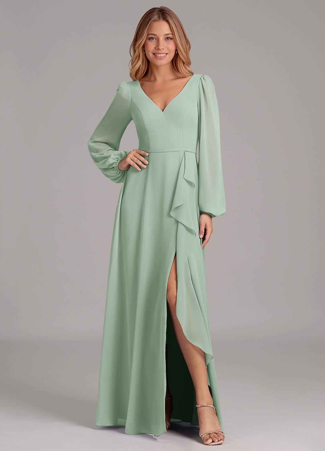 Azazie Simone Abiti da Damigella Abito A-Line in Chiffon Manica Lunga Agave image1