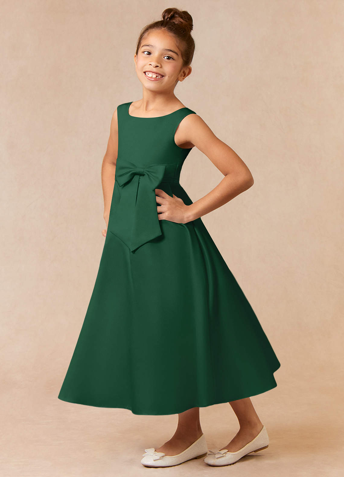 Azazie Lindy Flower Girl Dresses Dark Green A-Line Pleated Matte Satin Dress image1