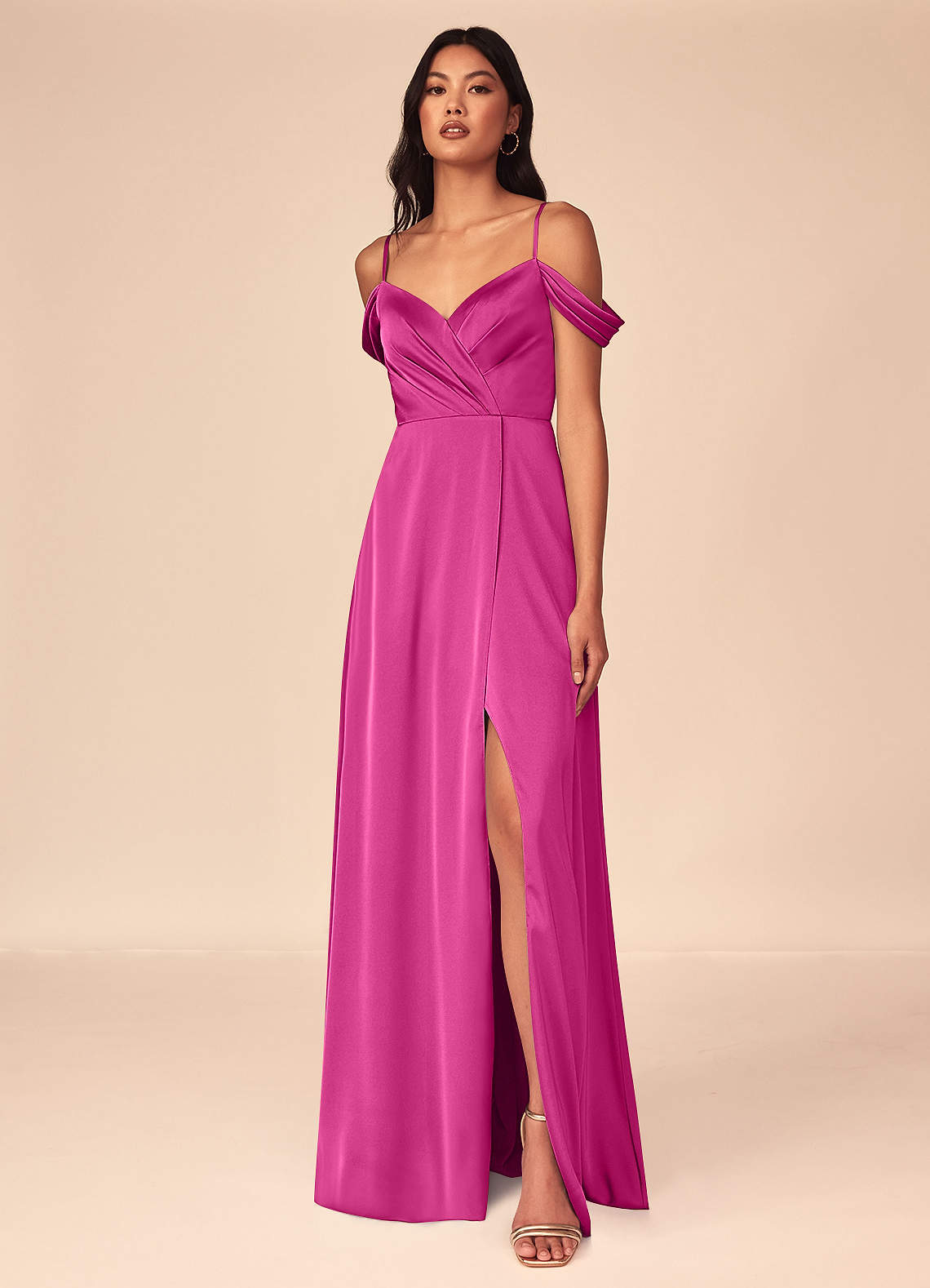Azazie A-Line V-Neck Floor-Length Stretch Satin Bridesmaid Dresses fuchsia