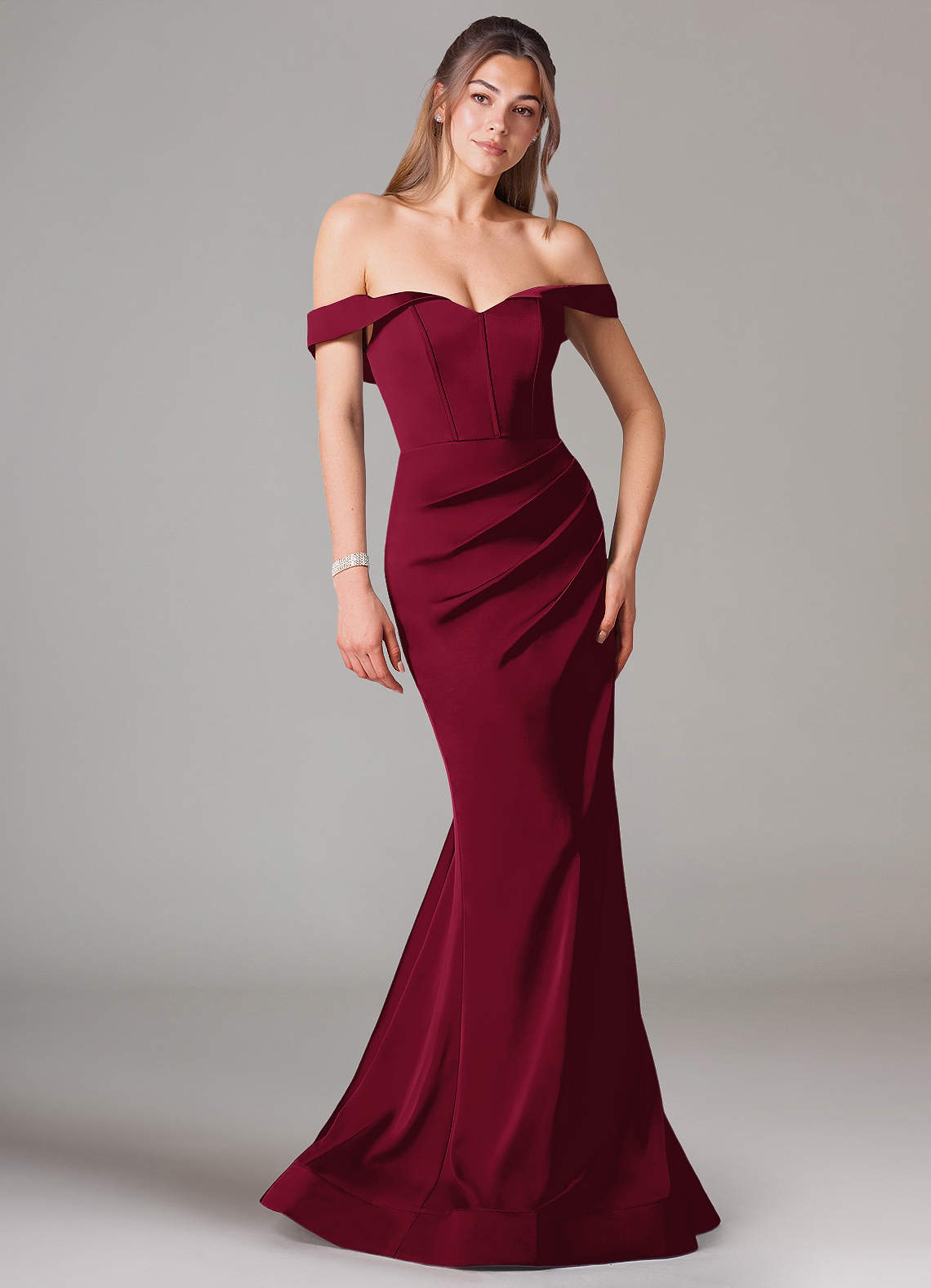 Azazie Everly Bridesmaid Dresses Burgundy Mermaid Off the Shoulder Stretch Satin Convertible Dress image1