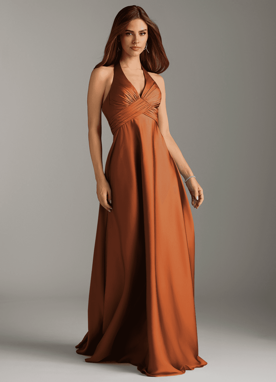 Azazie Tessie Bridesmaid Dresses Cinnamon A-Line Pleated Stretch Satin Dress image1