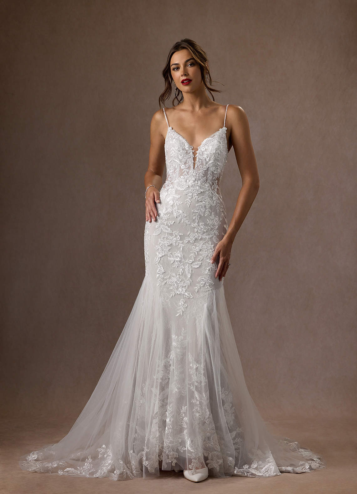 Azazie Leonie Wedding Dresses Diamond White Mermaid V-Neck Sequins Tulle Dress image4