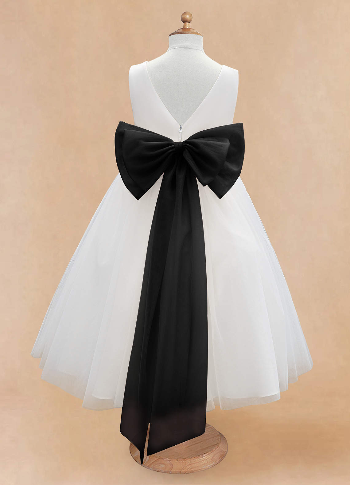 Azazie Kavi Flower Girl Dresses Ivory Black A-Line Bow Matte Satin Dress image7