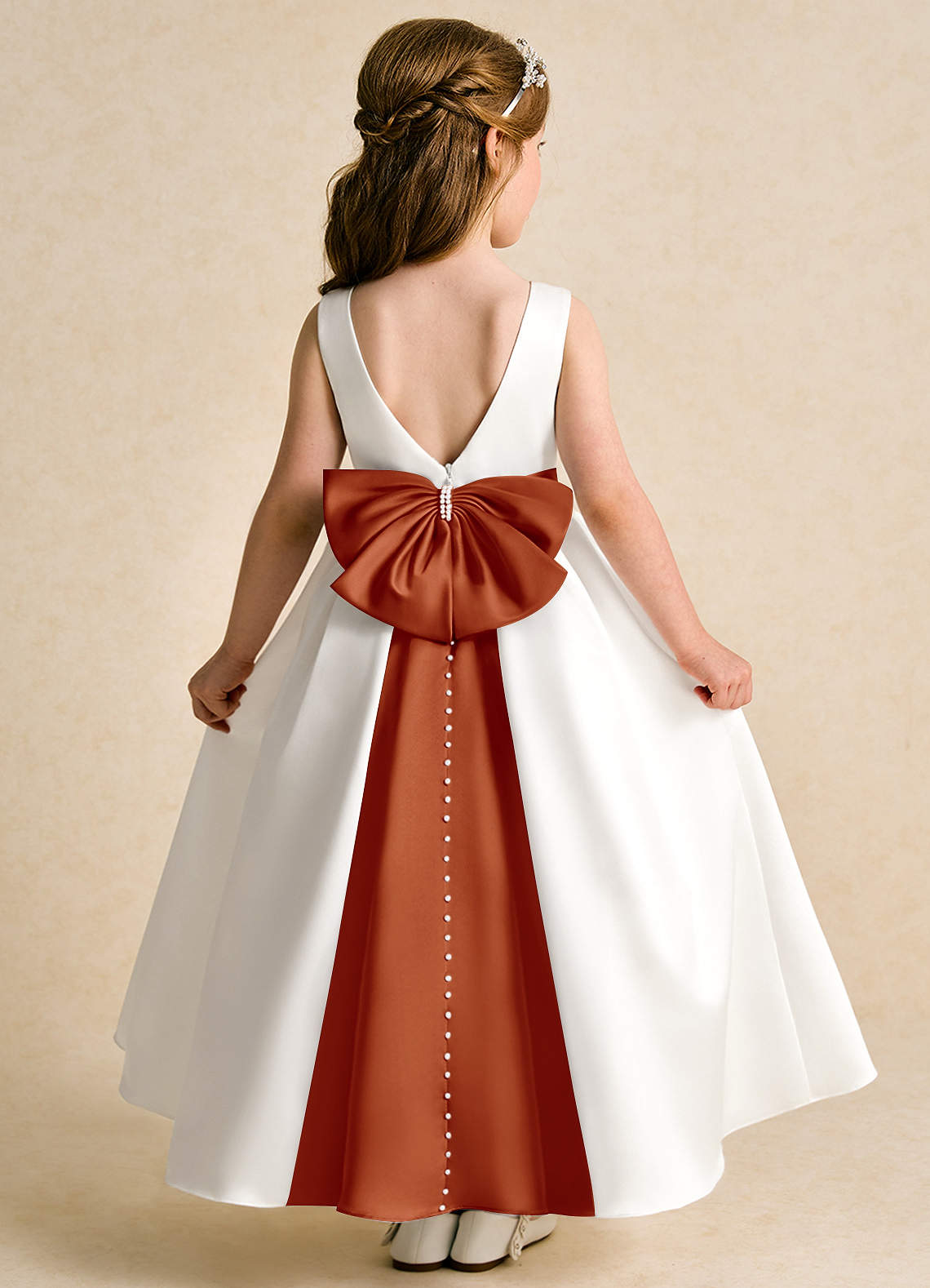 Azazie Cherry Flower Girl Dresses Ivory Paprika Ball-Gown Pleated Matte Satin Dress image1