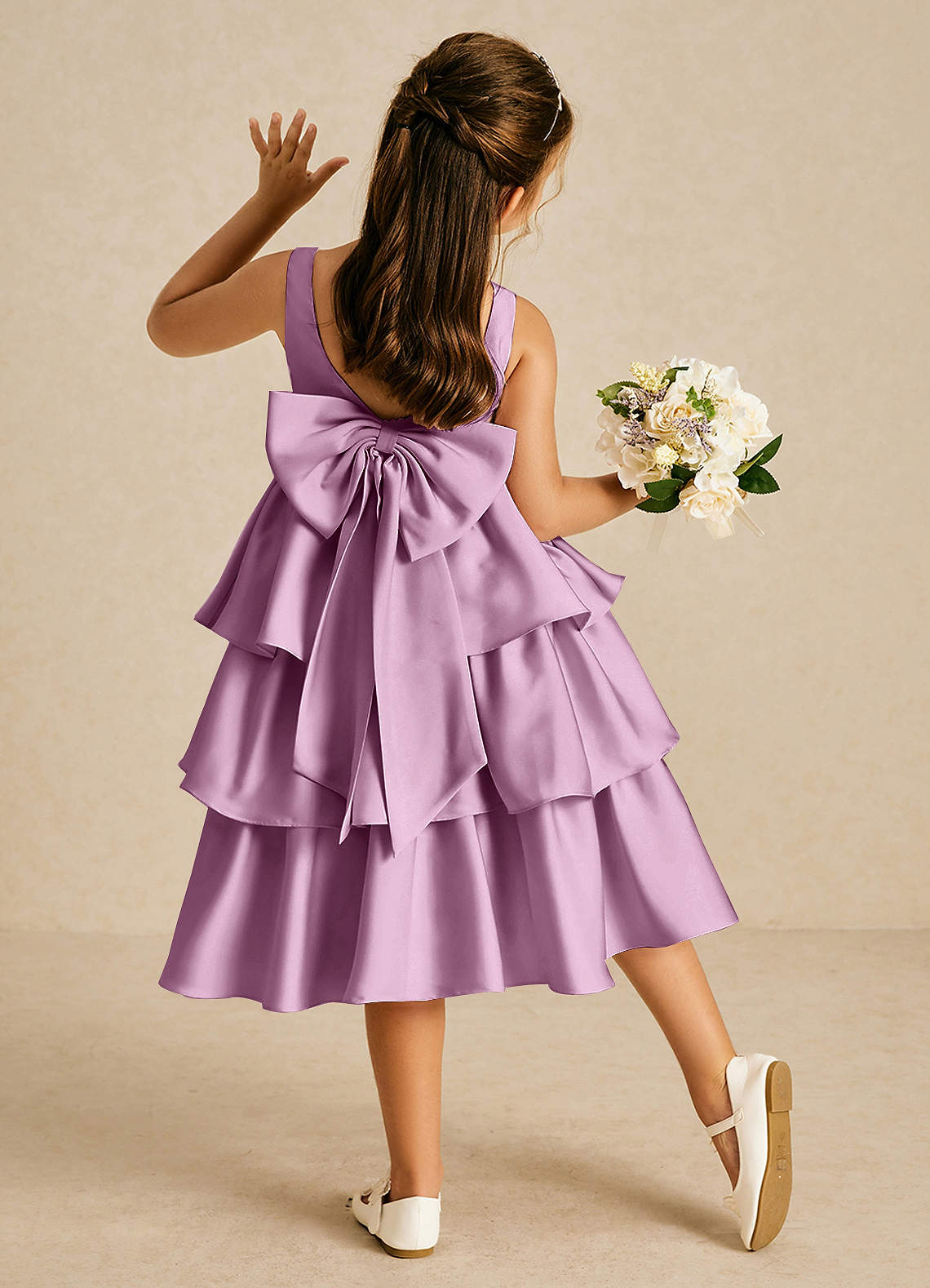 Azazie Margery Blumenmädchenkleider A-Linie Schleifen Stretch-Satin Kleid Blauregen image1