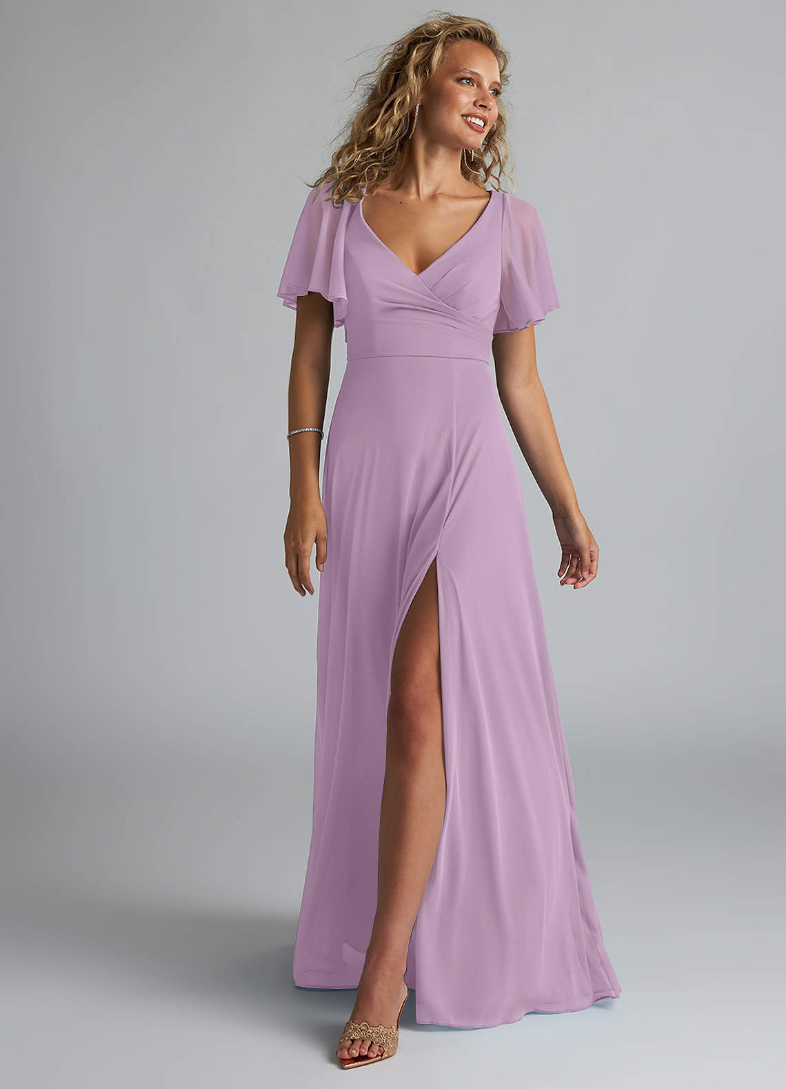 Azazie Induh Bridesmaid Dresses Wisteria A-Line Flutter V-neck Mesh Dress image1
