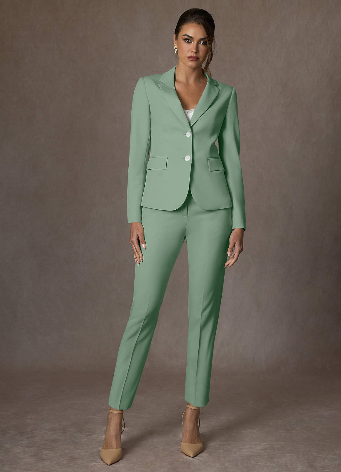 front Whitney Matcha Structured Stretch Full Length Pants Suit