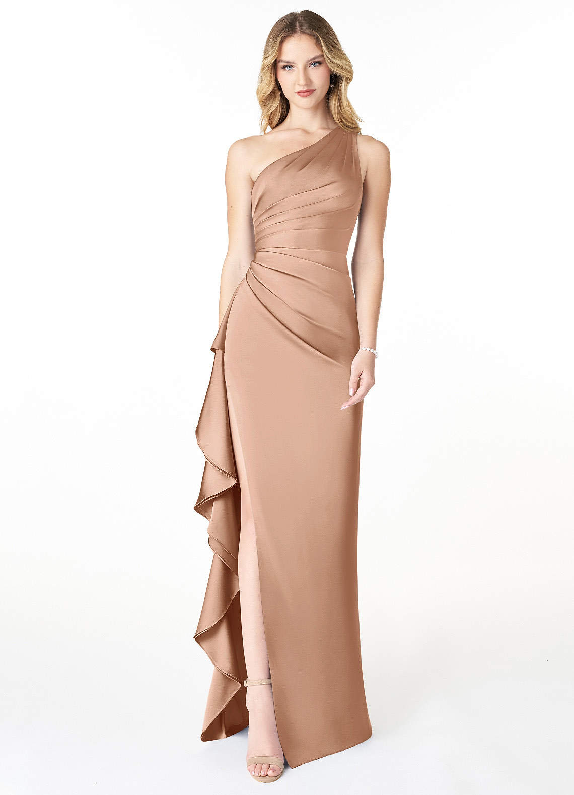 Azazie Latrice Brautjungfernkleider Etui Kaskadierende Rüschen an einer Schulter Stretch-Satin Kleid Englisches Rosa image1