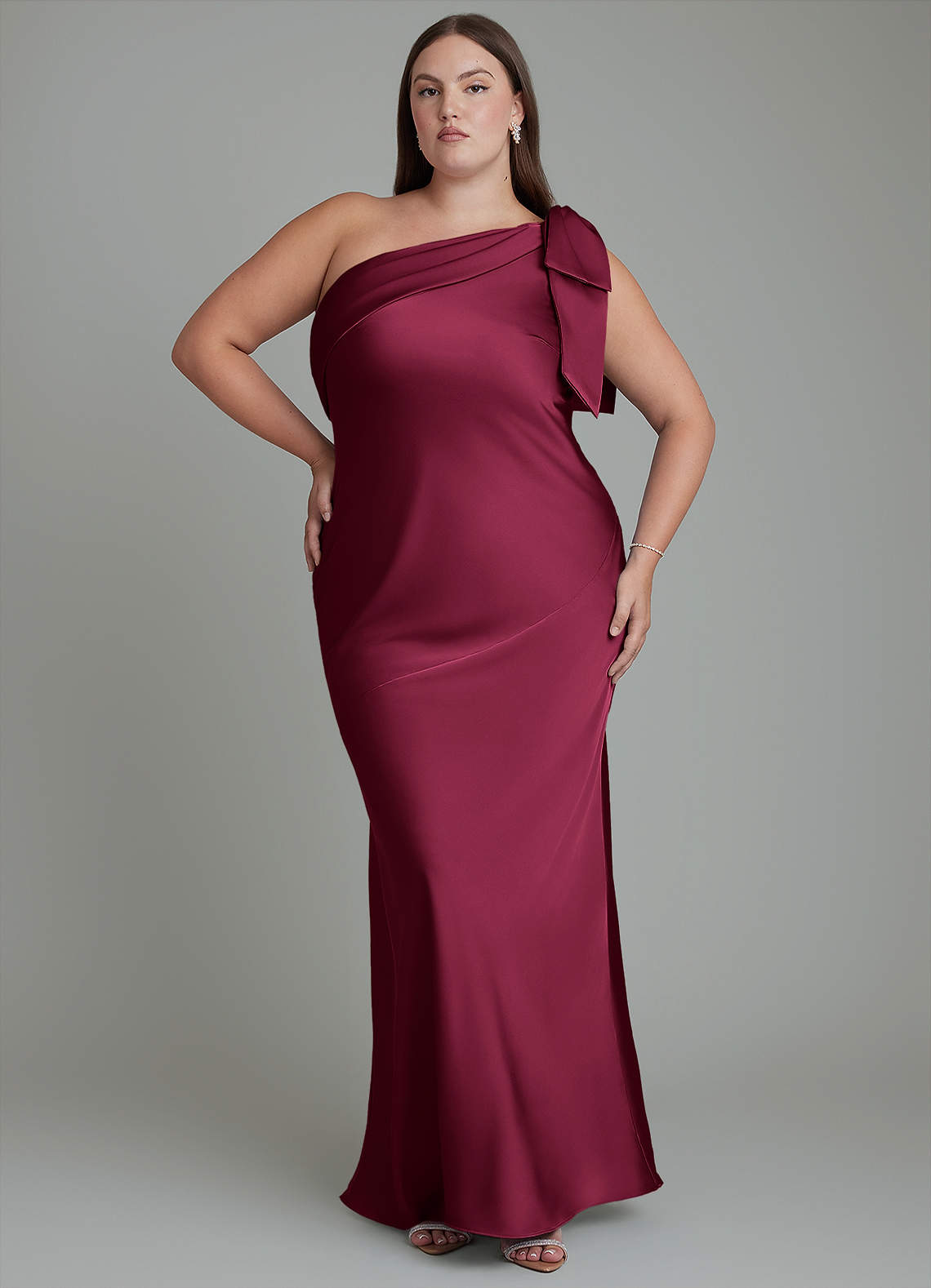 Azazie Yuanna Bridesmaid Dresses Burgundy Mermaid One Shoulder Stretch Satin Dress image1