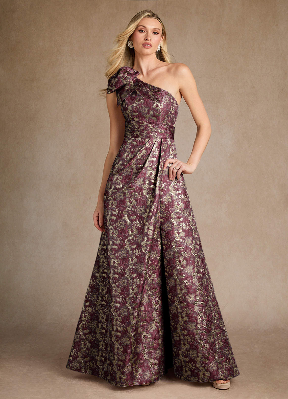 Azazie Easton Cabernet A-Line One Shoulder Jacquard Dress | Azazie