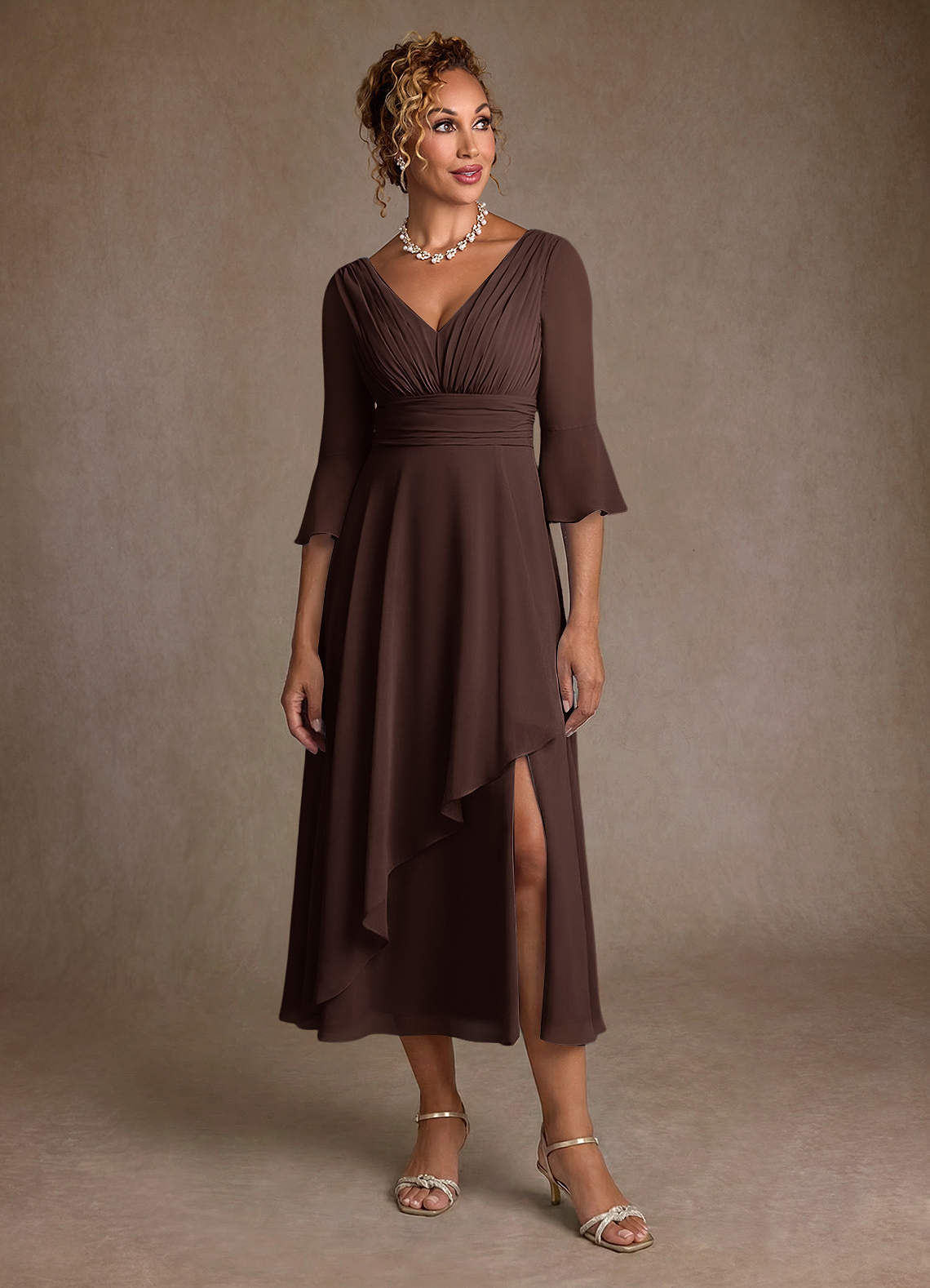 Azazie Aerynne Kleider für die Brautmutter A-Linie Plissee Chiffon Kleid Ganache image3