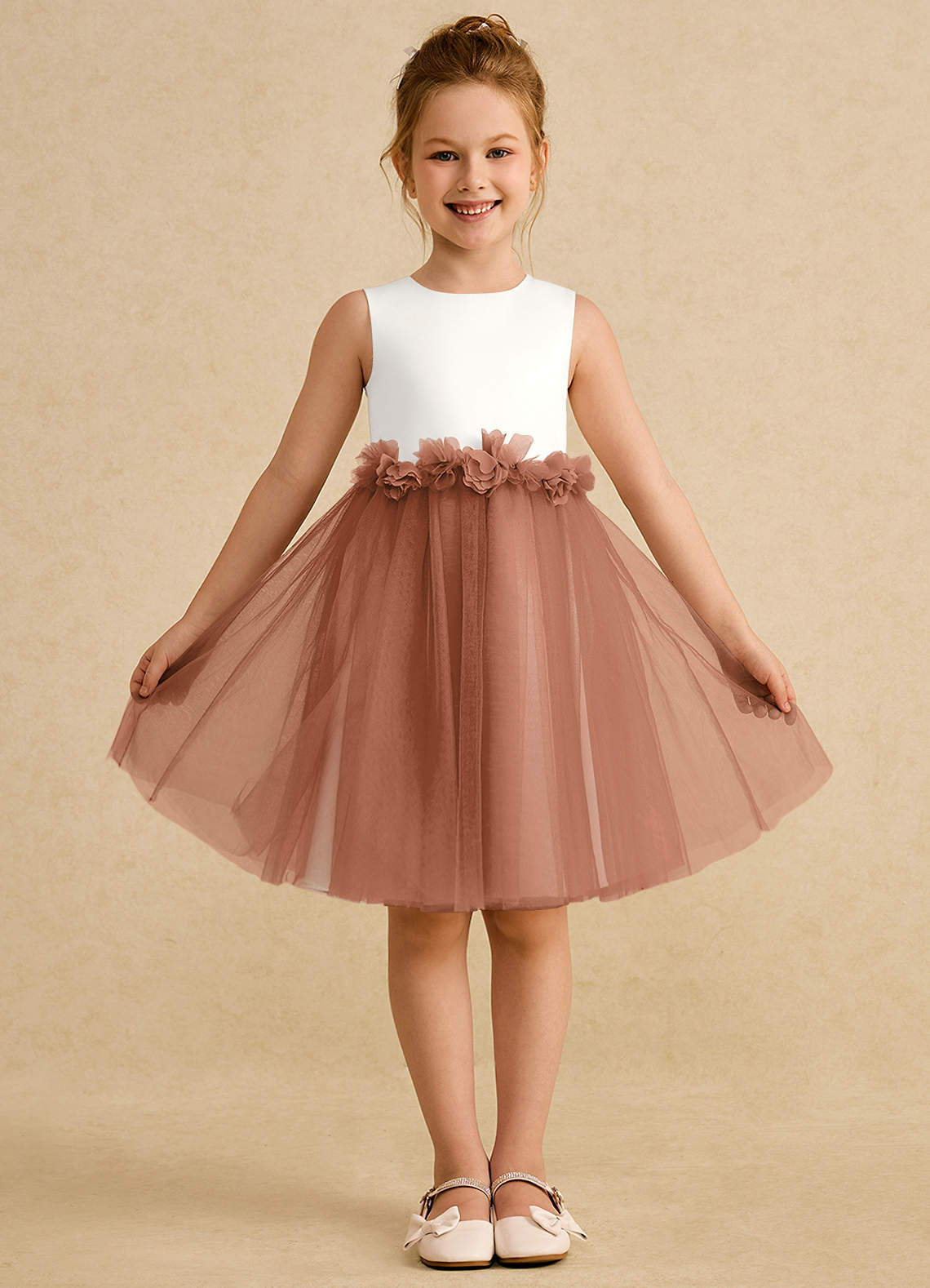 Azazie Louisa Flower Girl Dresses Ivory Bronzer A-Line Sleeveless Tulle Dress image1