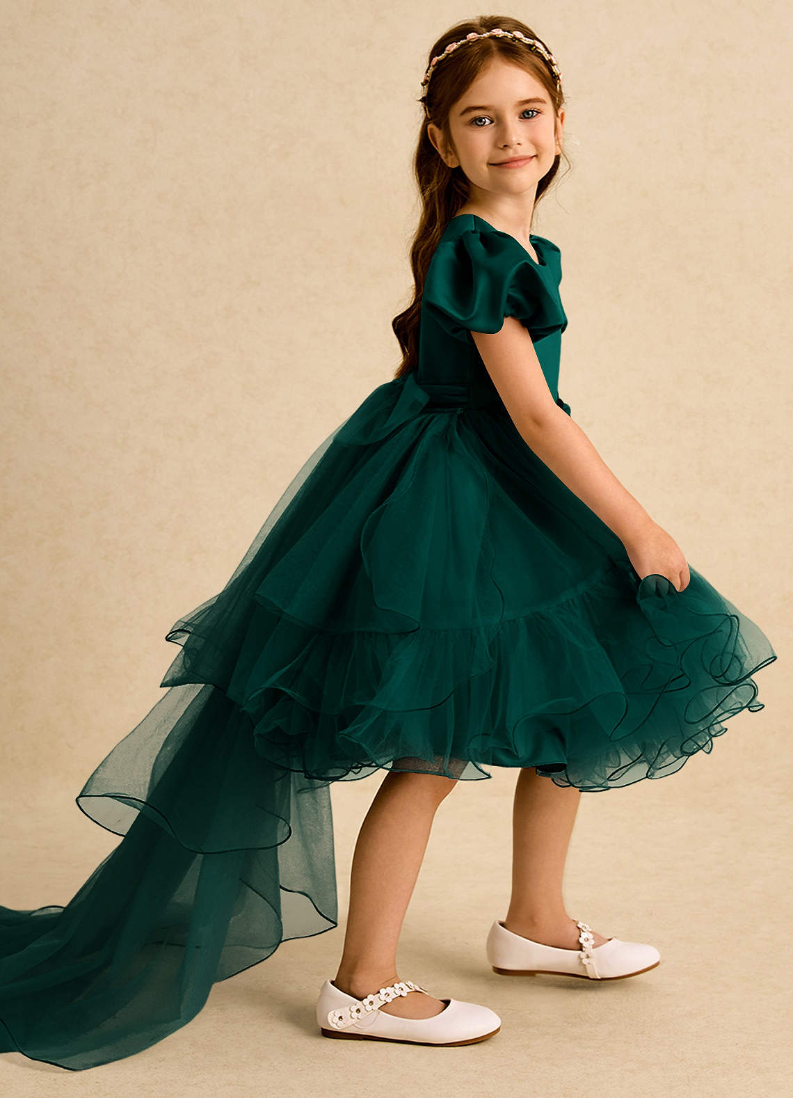 Azazie Cocoa vestidos de niña de las flores Vestido de Pino de Tul de Princesa con Plisado image1
