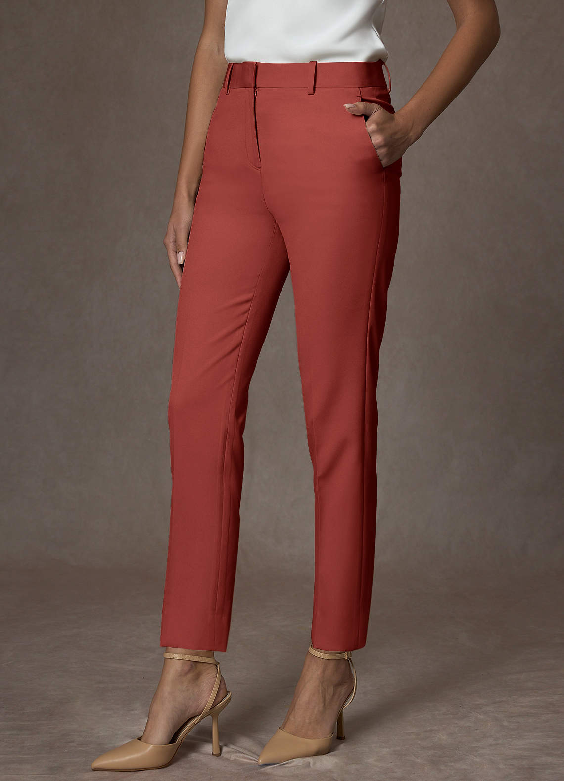 front Whitney Terracotta Structured Stretch Full Length Dress Pants