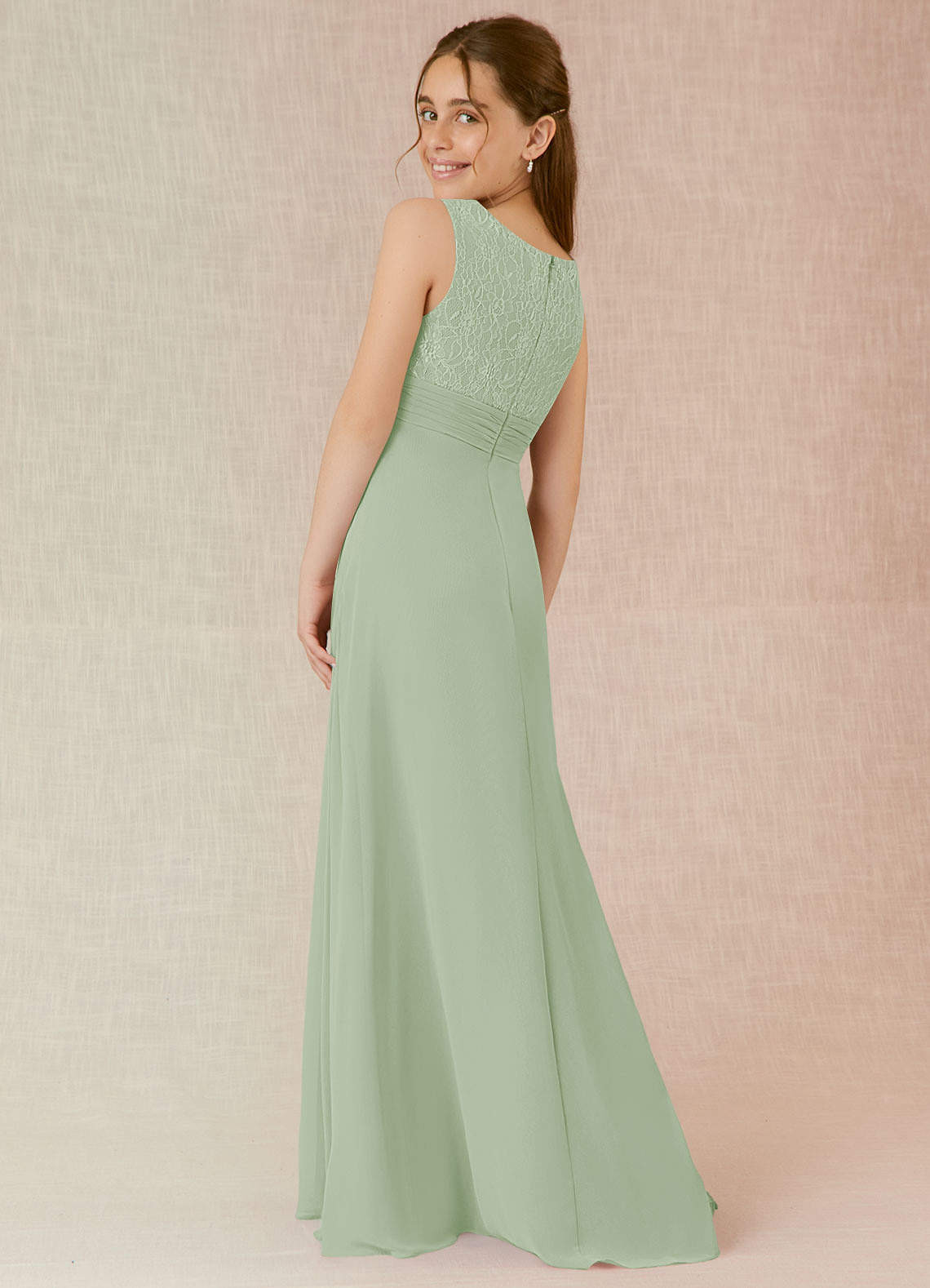 Azazie Snow Junior Abito A-Line in Chiffon Pizzo Verde Salvia image1