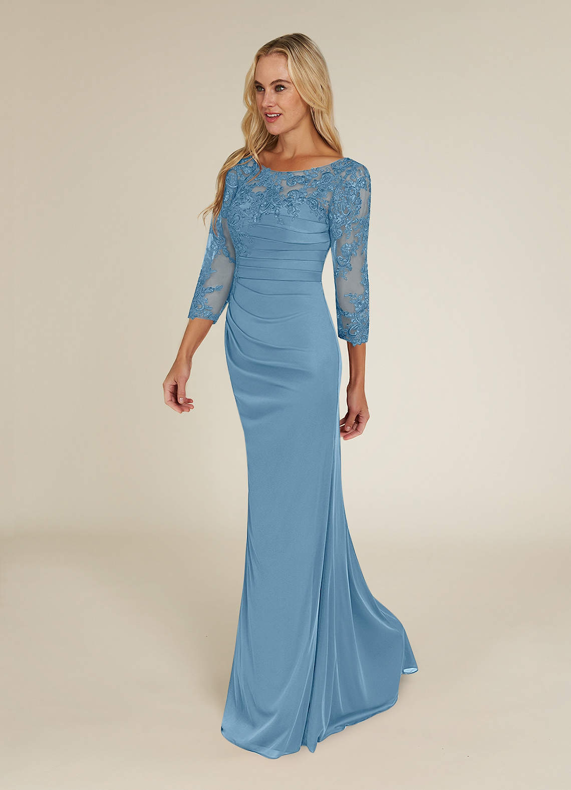 Azazie Alisondra Steel Blue Sheath Scoop Lace Lace Dress | Azazie