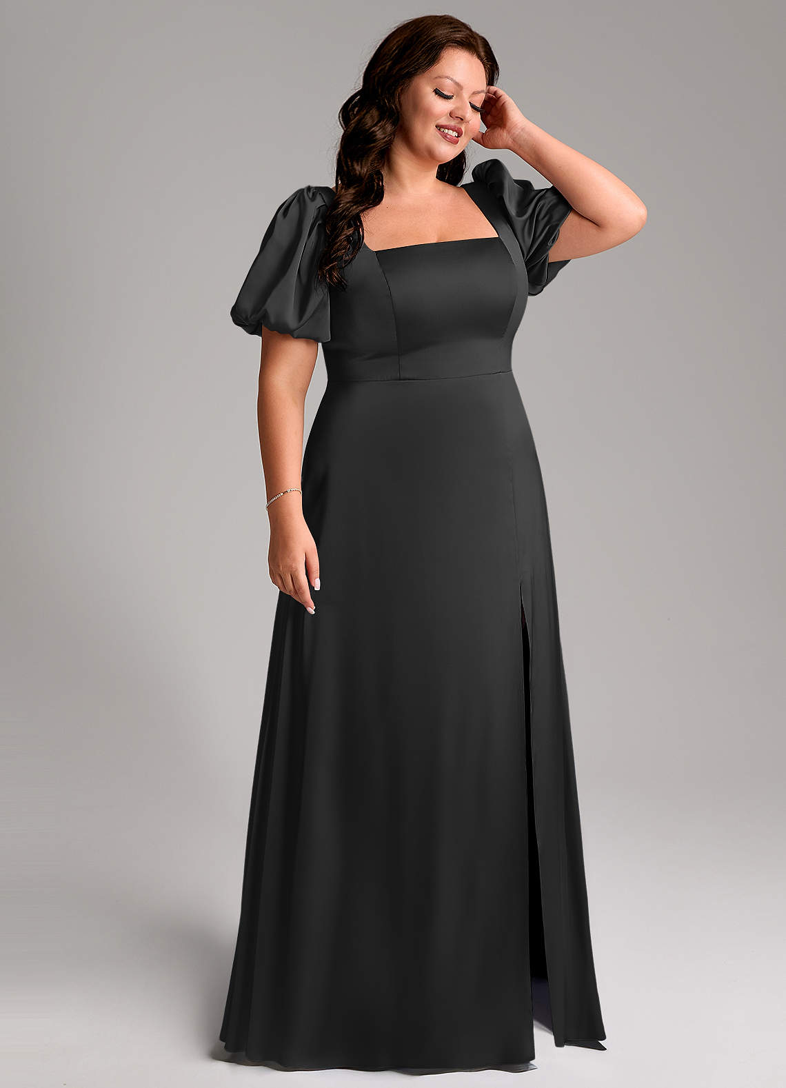 Azazie Fyona Vestidos de damas de honor Vestido de Negro de Satén Elástico de Corte en A con Plisado image5
