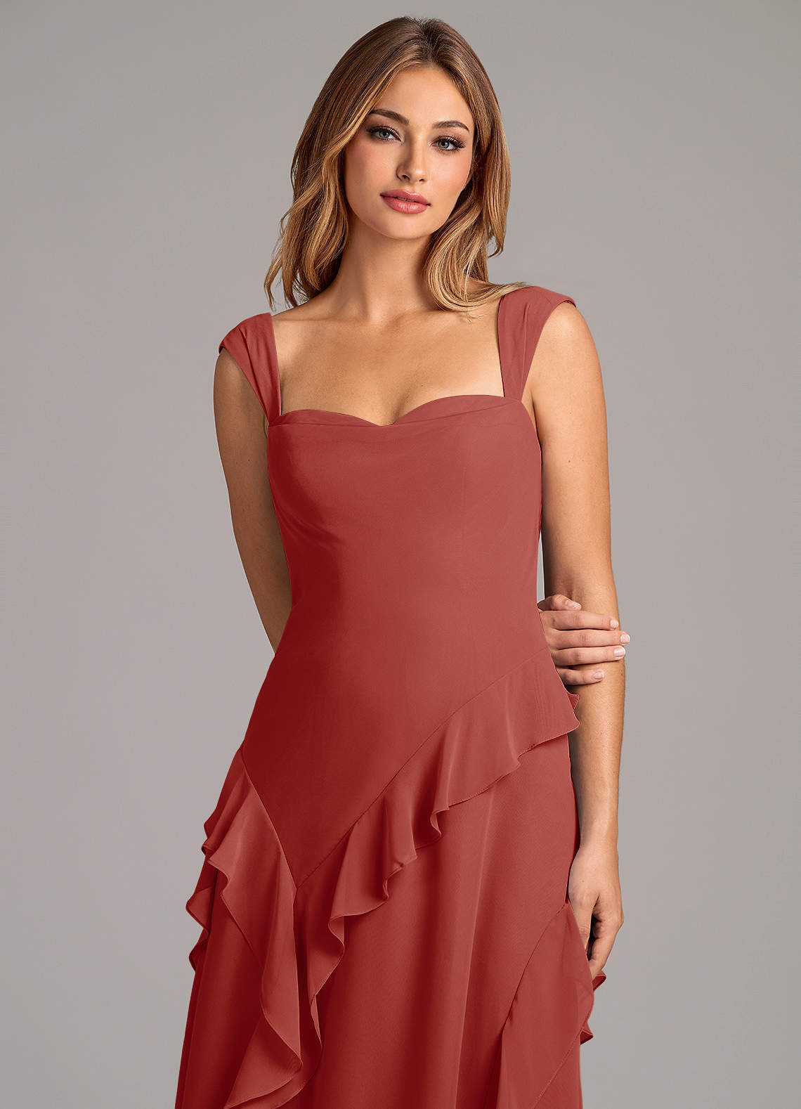 Azazie Sloane At-home Try On Dresses Terracotta A-Line Sweetheart Neckline Chiffon Dress image6