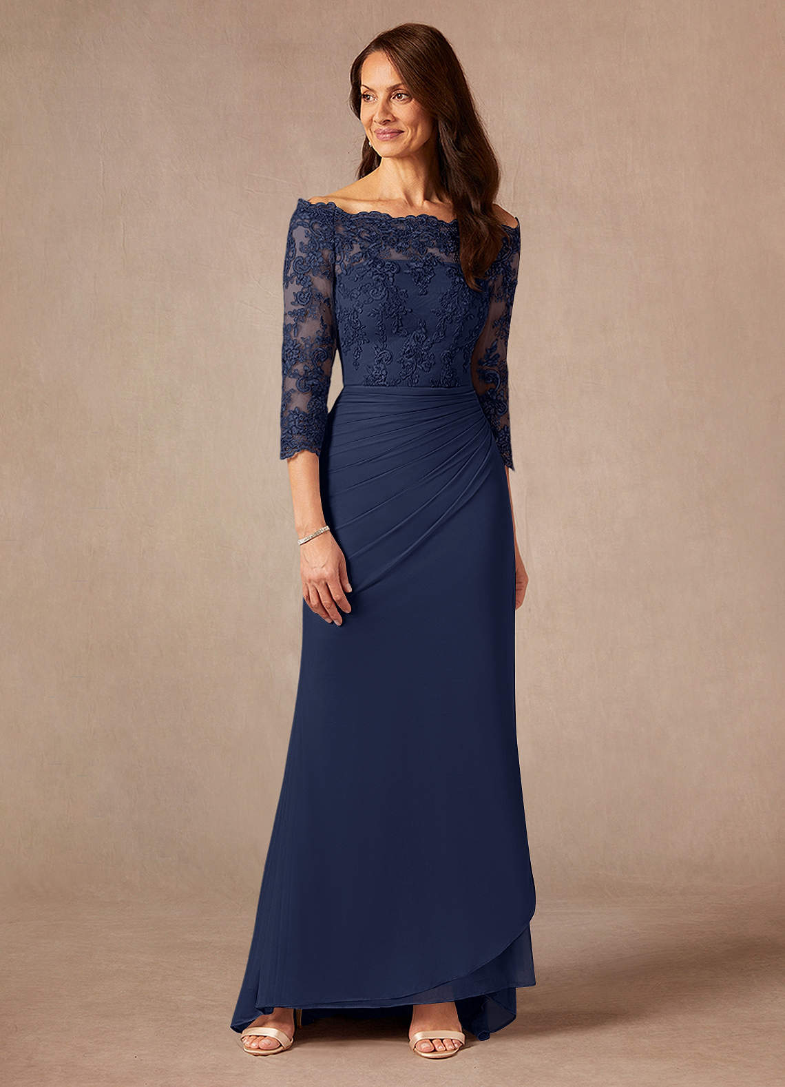 Azazie Rhonda Mother of the Bride Dresses Dark Navy Mermaid Off the Shoulder Mesh Dress image1
