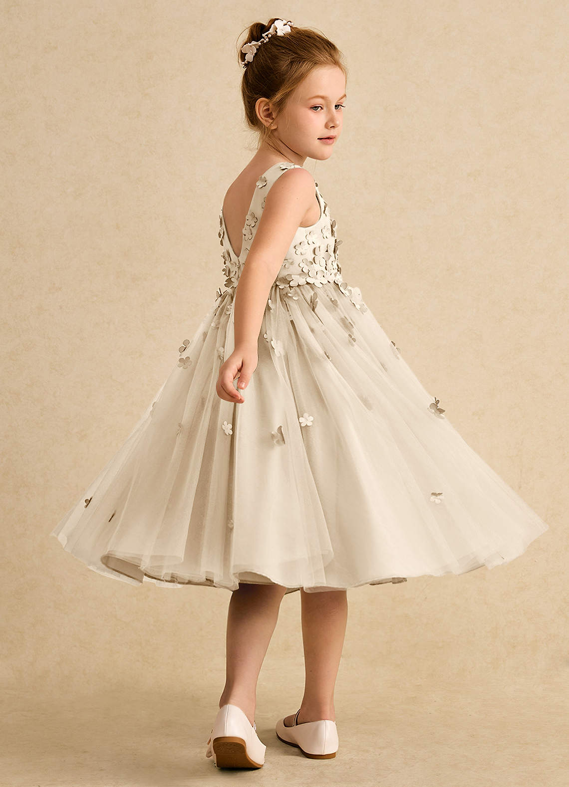 Azazie Lana Flower Girl Dresses Champagne A-Line Sleeveless Matte Satin Dress image3