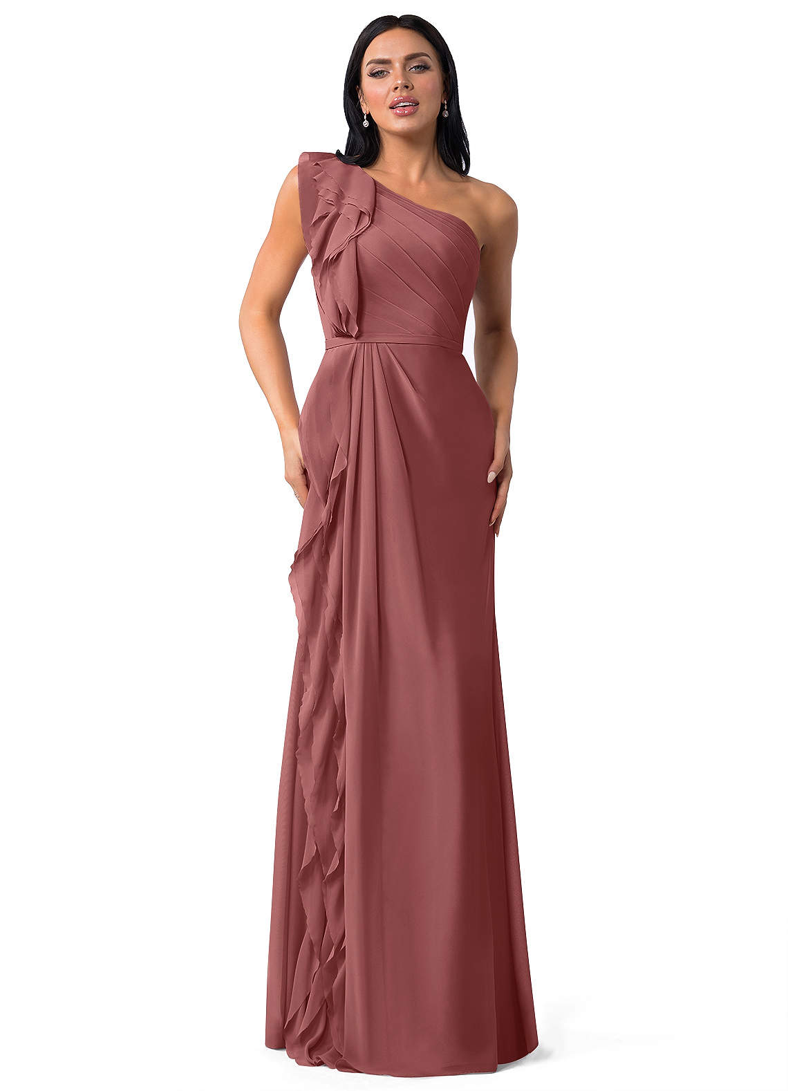 Azazie Sharon Bridesmaid Dresses A-Line One Shoulder Chiffon Floor-Length Dress image1
