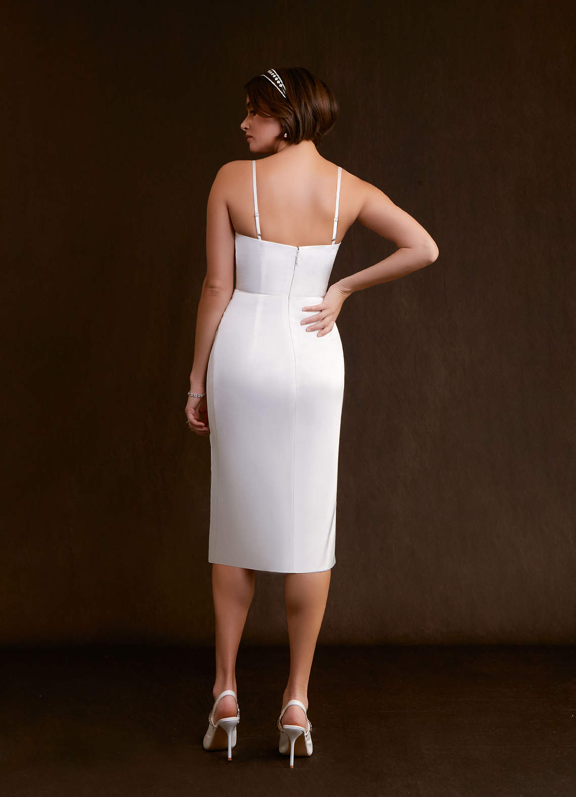 Azazie Rosina Wedding Dresses Diamond White Sheath Pleated Stretch Satin Dress image1