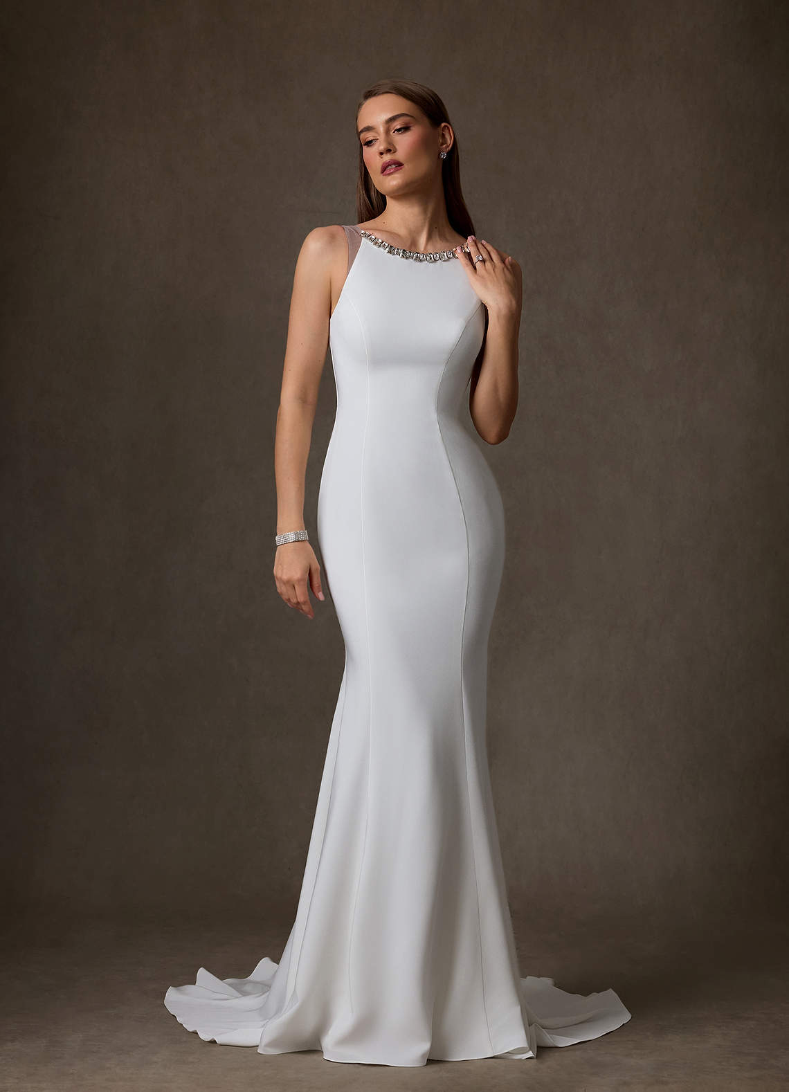 Azazie Naia Wedding Dresses Diamond White Mocha Mermaid Crepe Back Satin Dress image1