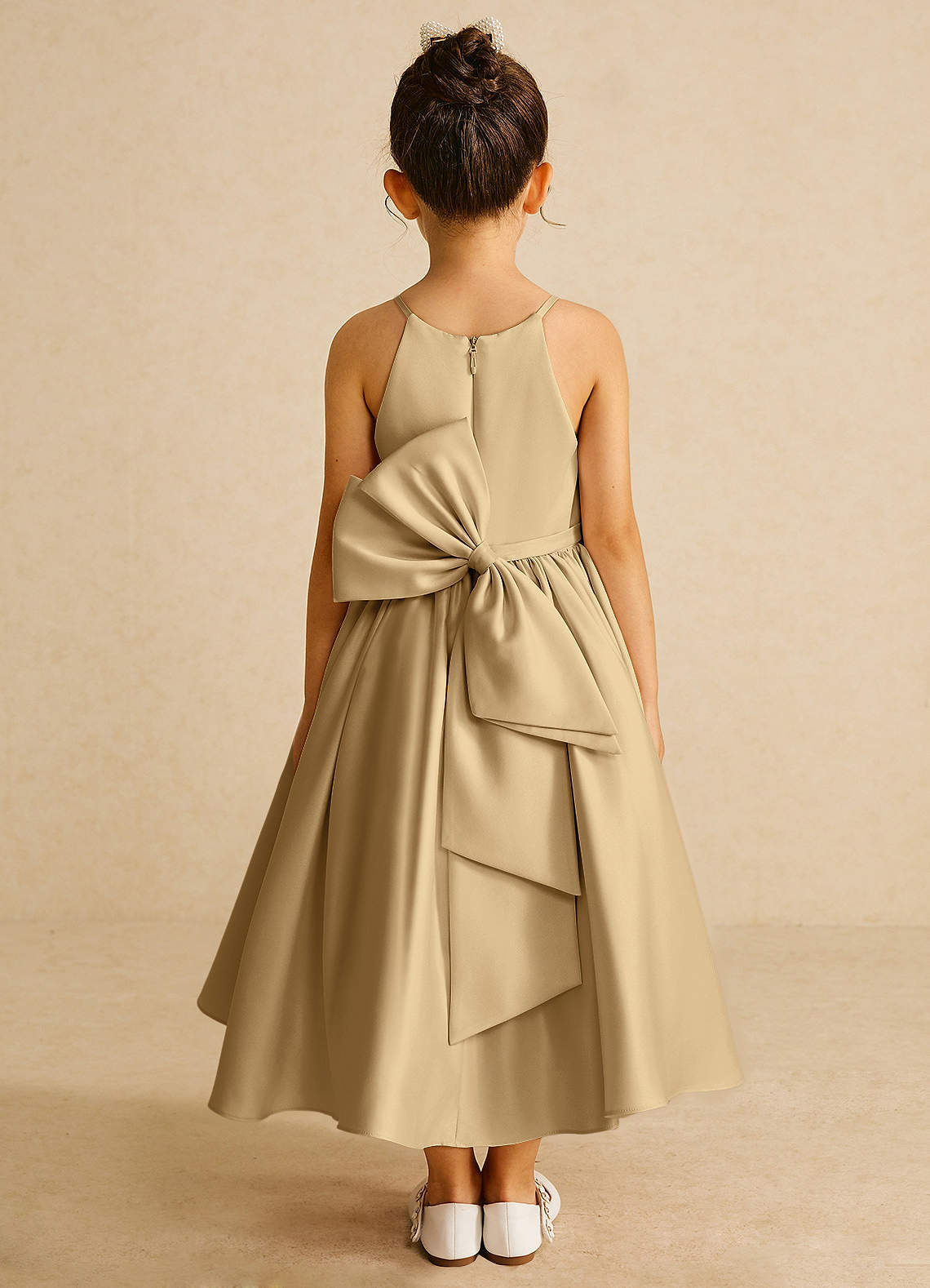 Azazie Sunray Flower Girl Dresses Gold A-Line Spaghetti Strap Matte Satin Dress image1