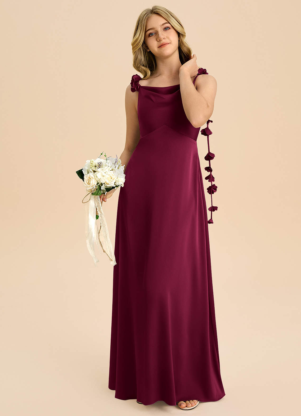 Azazie Gumdrop Junior Burgundy Empire Pleated Stretch Satin Dress image1