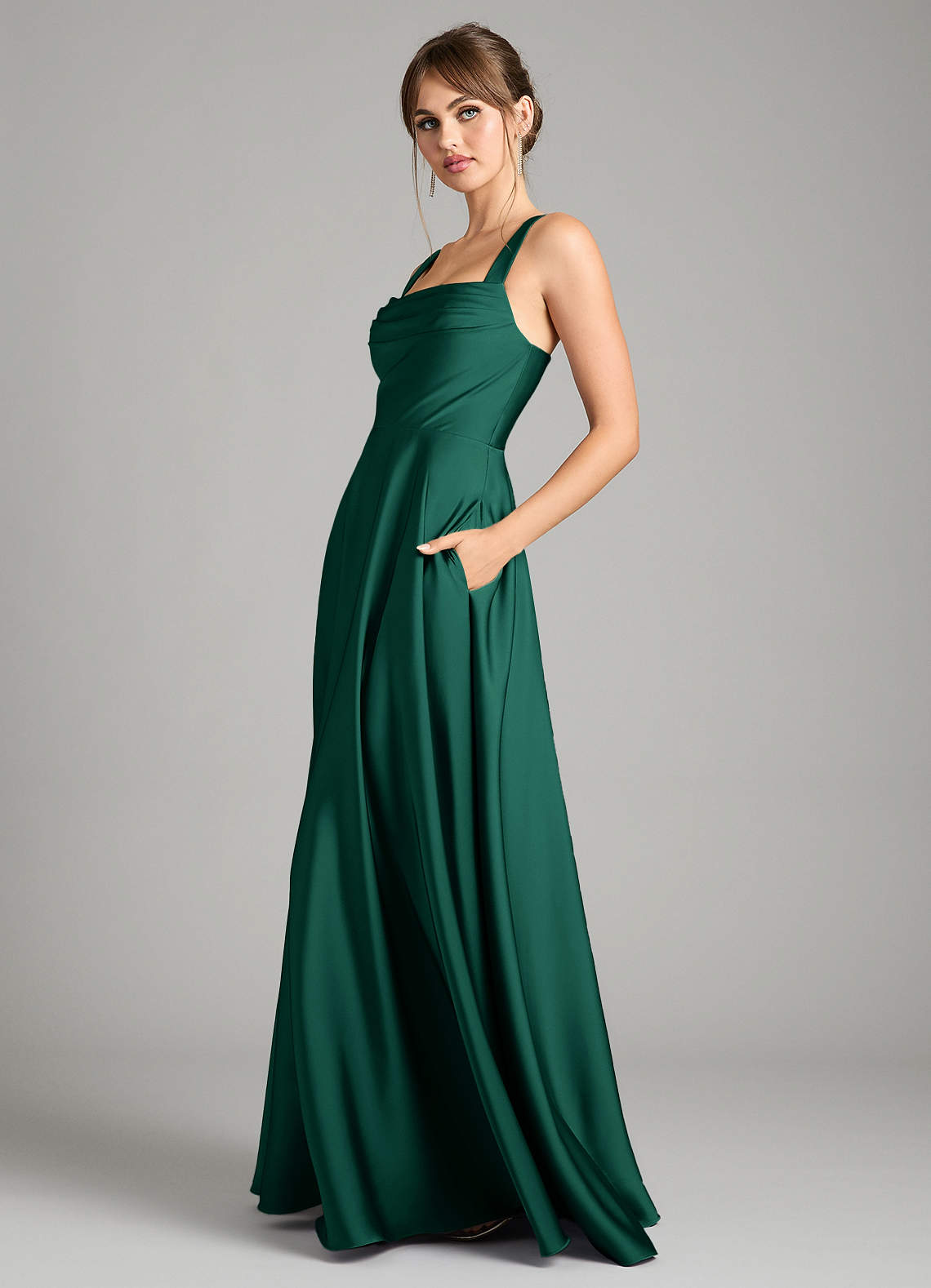 Azazie Shaude Bridesmaid Dresses Emerald A-Line Pleated Stretch Satin Dress image3