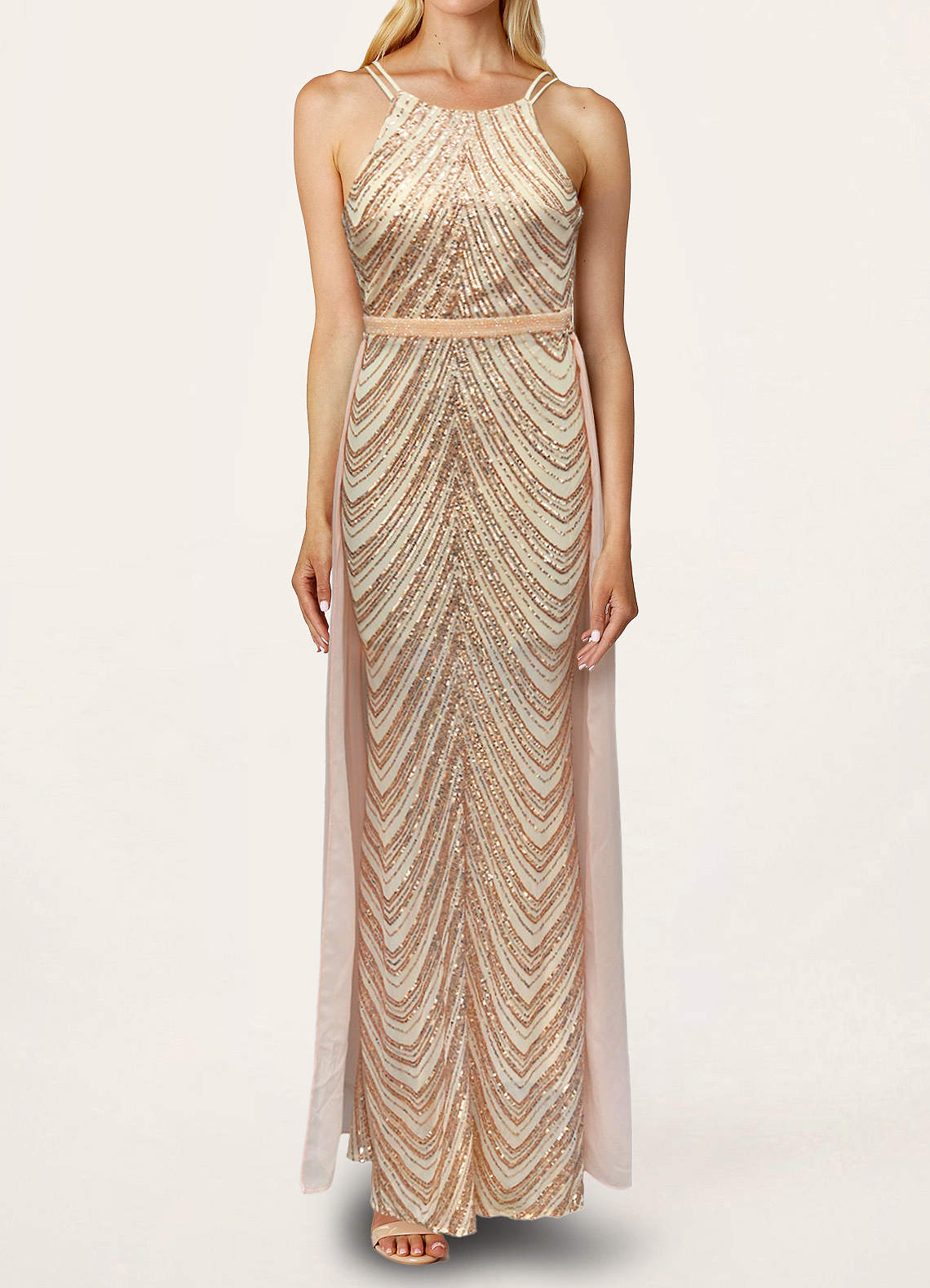 Collection Sequin Blouson Sleeve Gown In Champagne