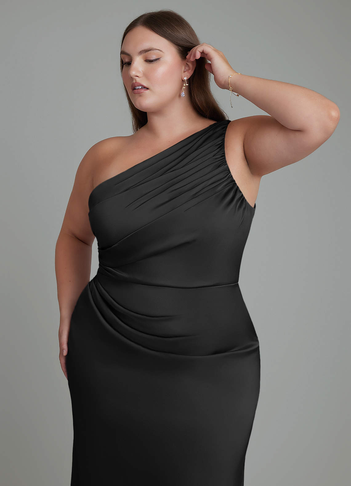 Azazie Akilah Bridesmaid Dresses Black Mermaid One Shoulder Stretch Satin Dress image12